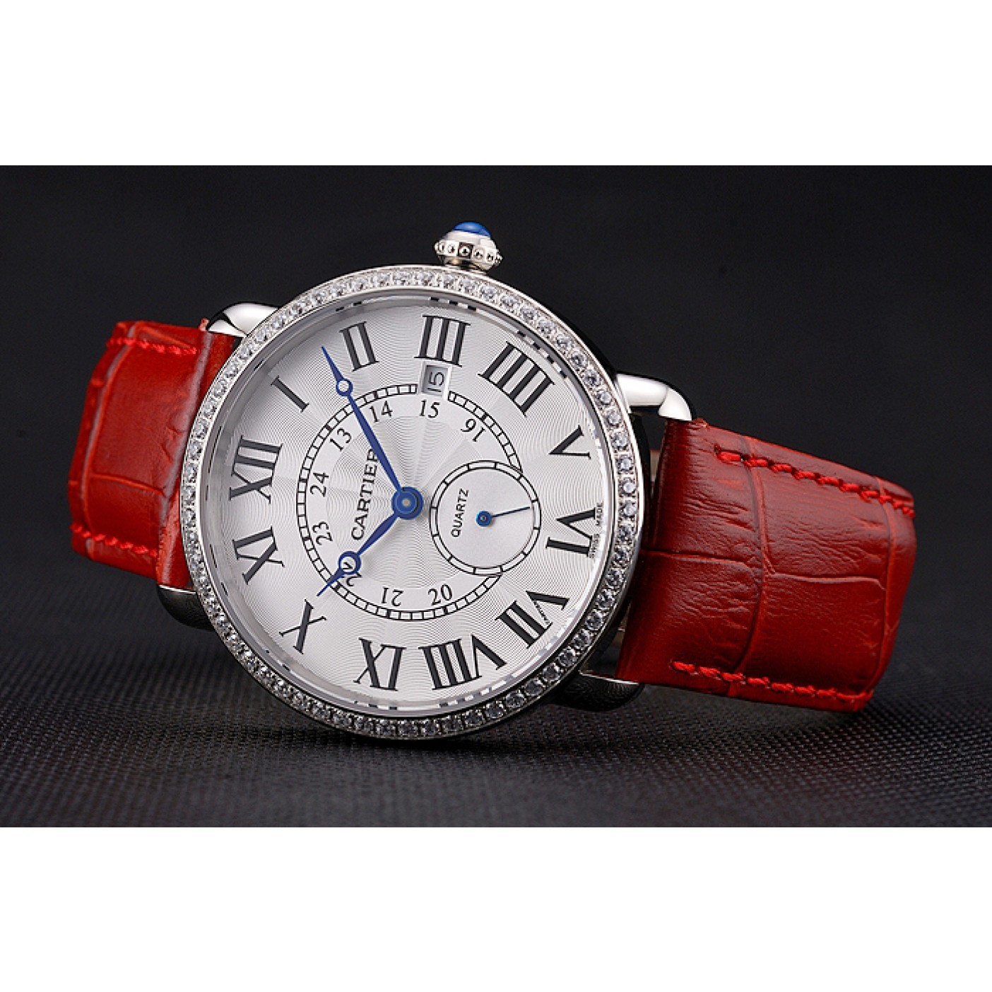 MiroTime Cartier Ronde Louis Cartier White Dial Stainless Steel Case Diamond Bezel Red Leather Strap