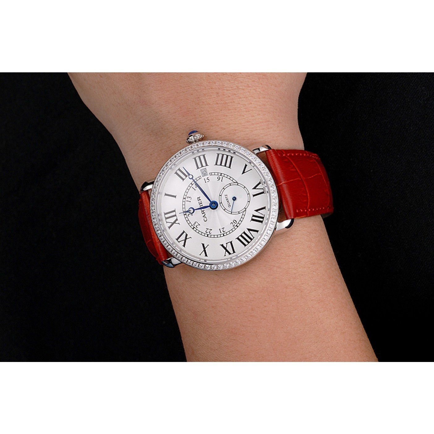 MiroTime Cartier Ronde Louis Cartier White Dial Stainless Steel Case Diamond Bezel Red Leather Strap