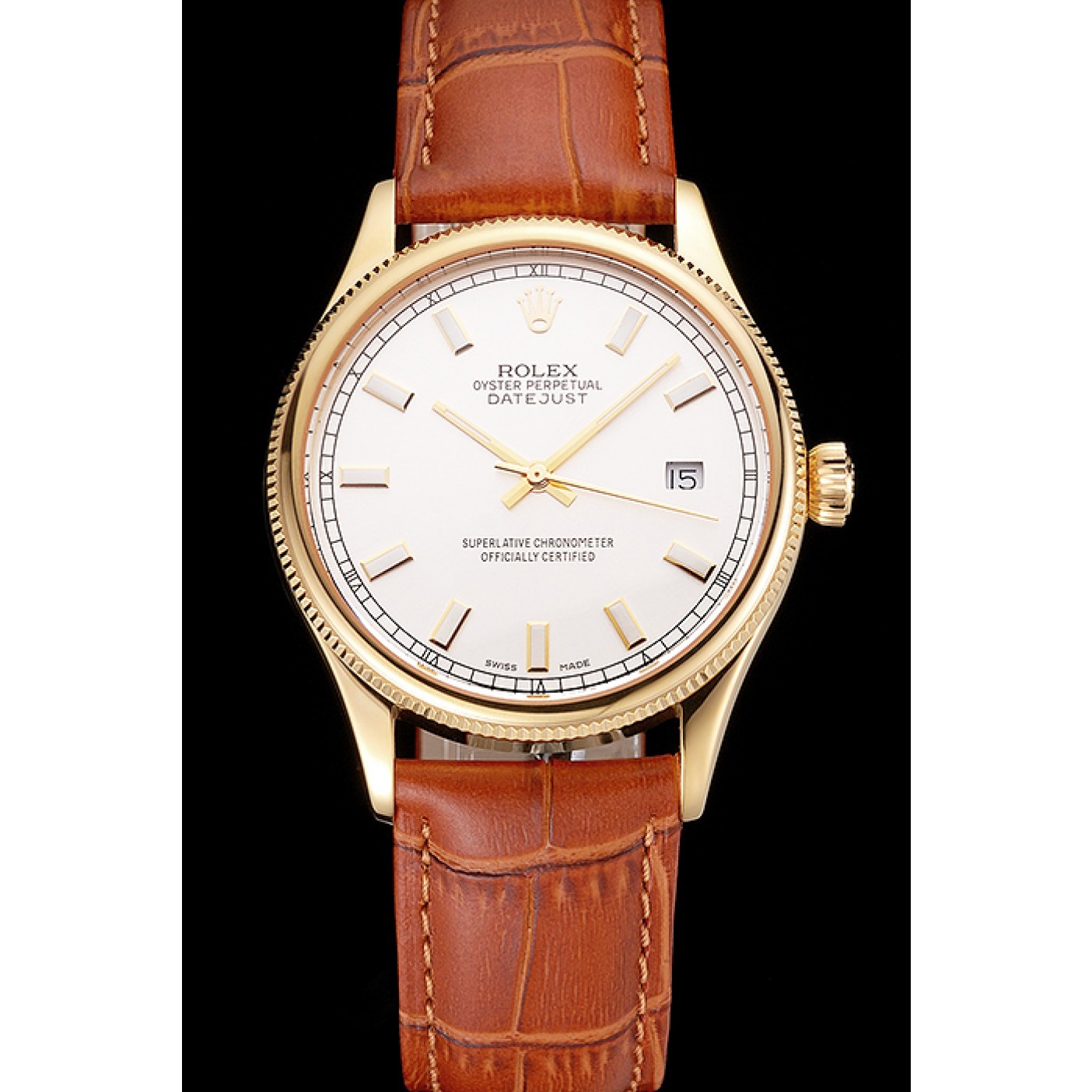 MiroTime Swiss Rolex Datejust White Dial Gold Case Light Brown Leather Strap