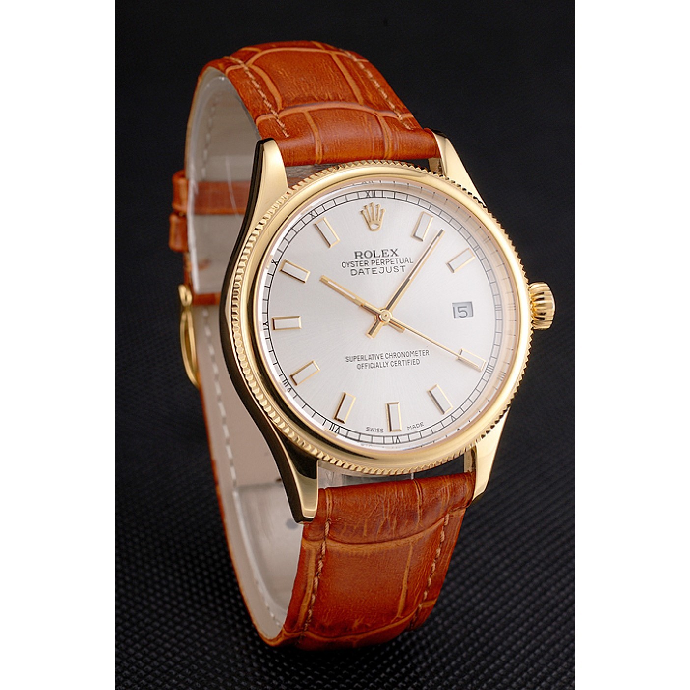 MiroTime Swiss Rolex Datejust White Dial Gold Case Light Brown Leather Strap
