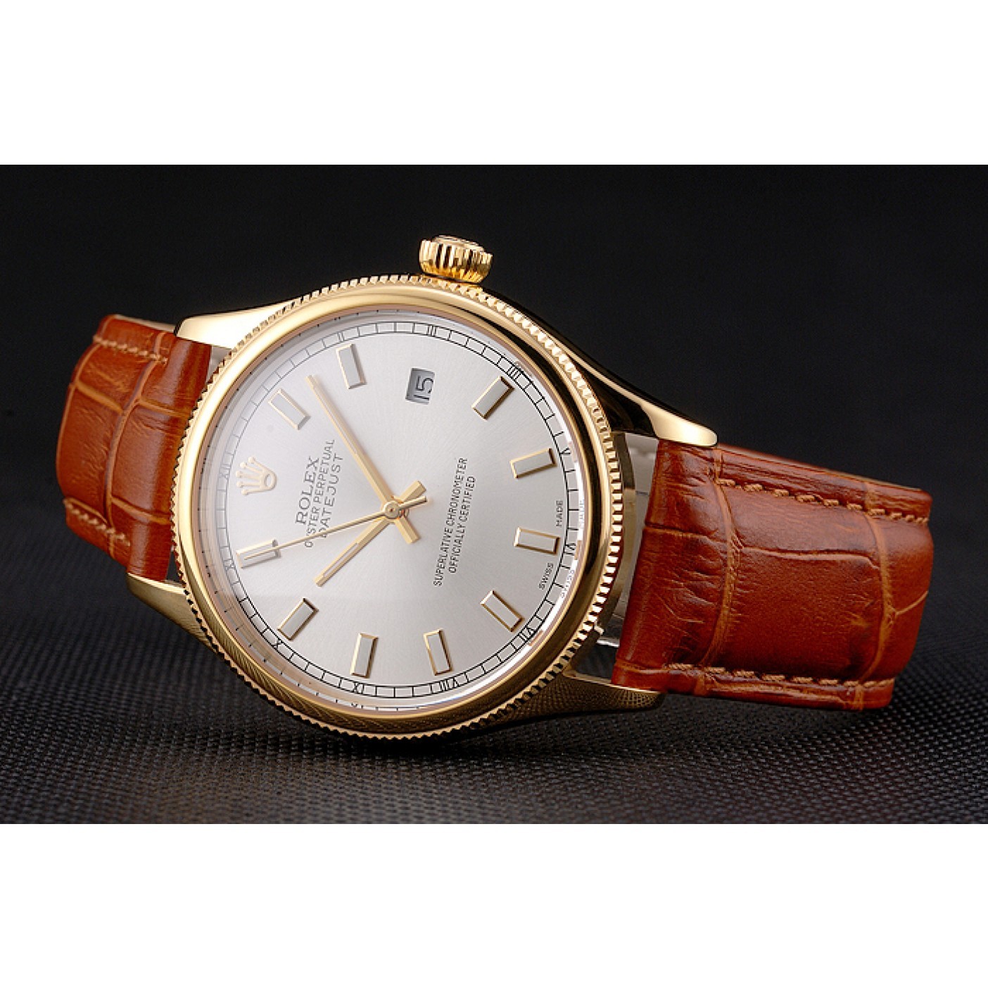 MiroTime Swiss Rolex Datejust White Dial Gold Case Light Brown Leather Strap