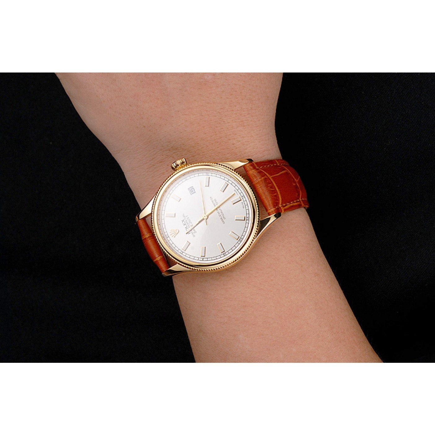 MiroTime Swiss Rolex Datejust White Dial Gold Case Light Brown Leather Strap