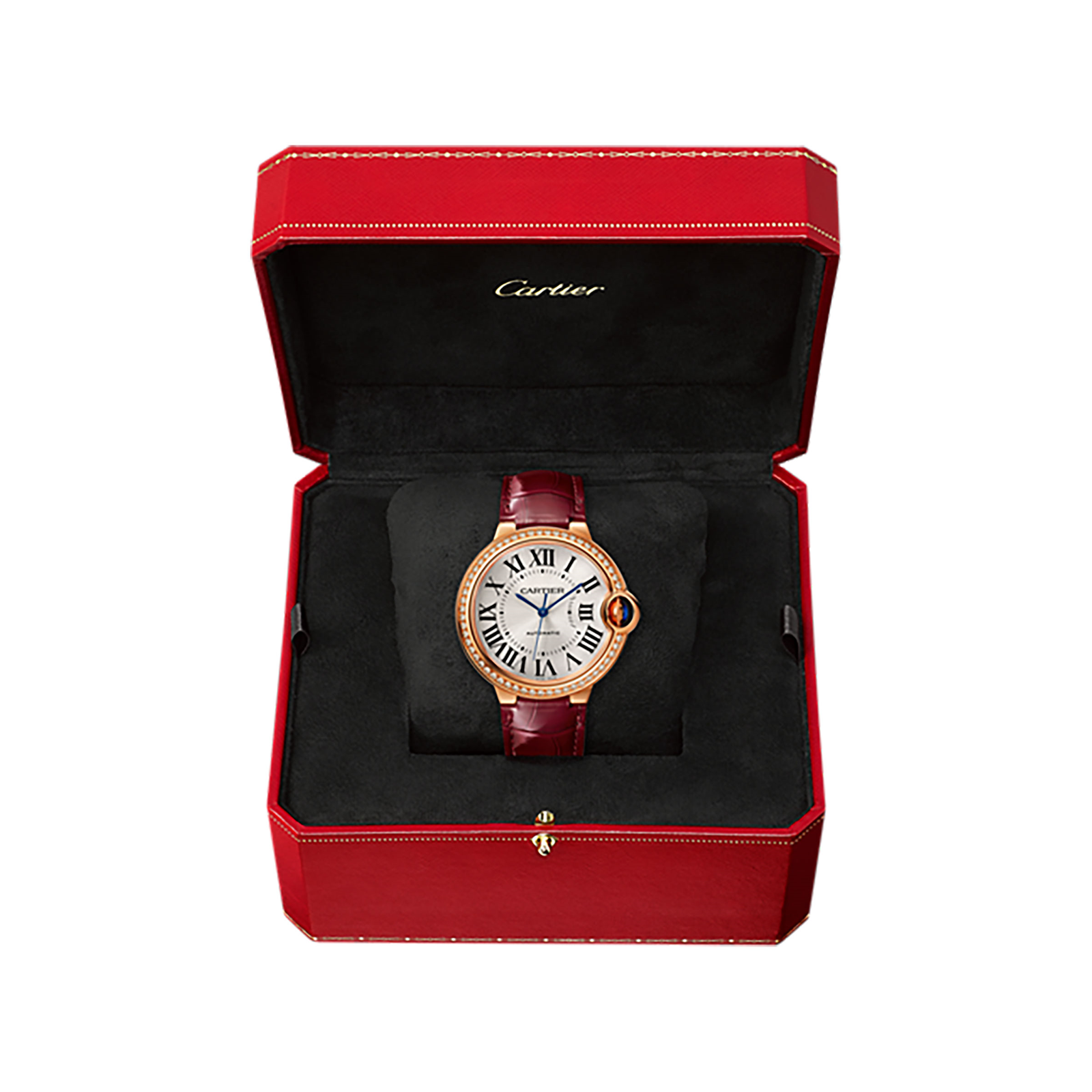 MiroTime Swiss Ballon Bleu de Cartier watch, 36 mm, rose gold, diamonds, leather