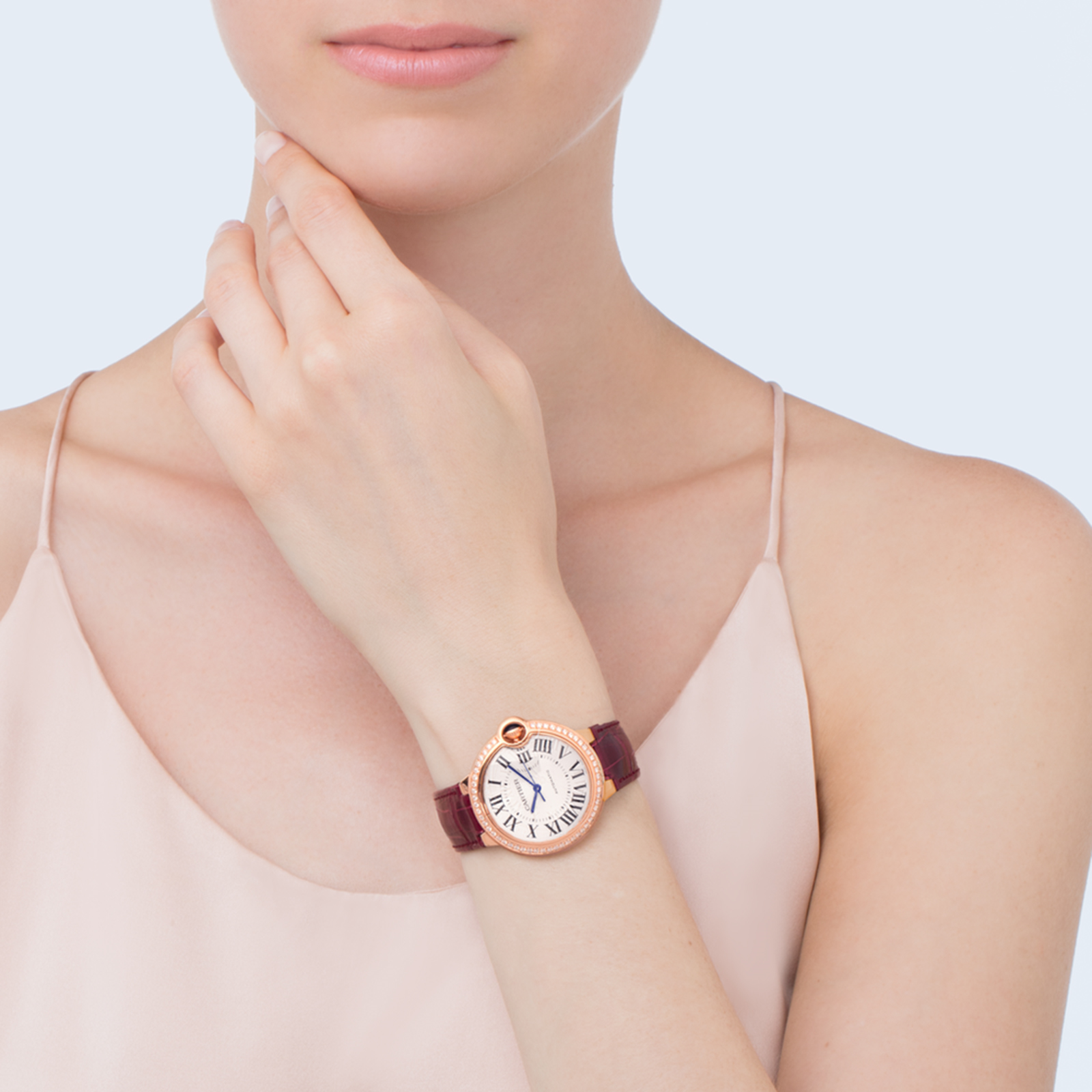 MiroTime Swiss Ballon Bleu de Cartier watch, 36 mm, rose gold, diamonds, leather