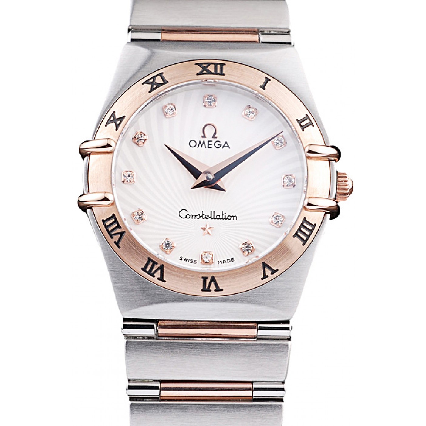 MiroTime Omega Swiss Constellation Jewelry Rose Gold Case Small Radial Emblem White Dial