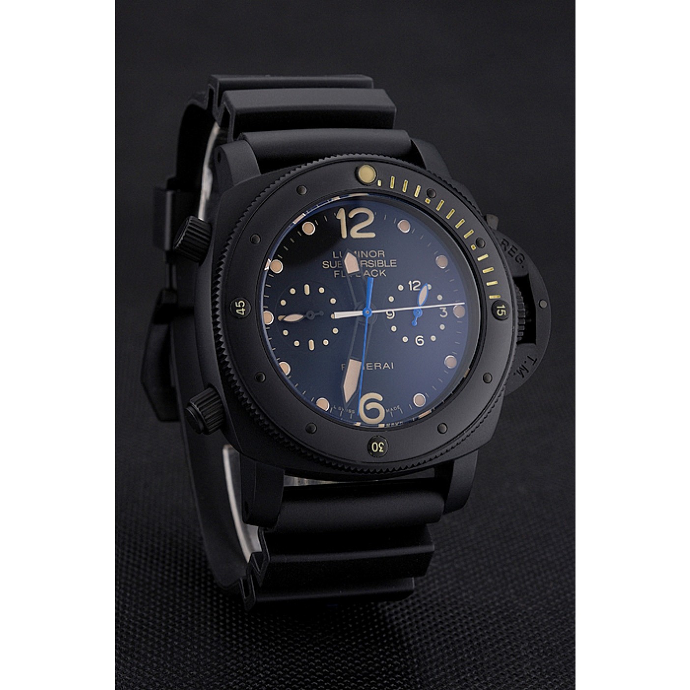 MiroTime Panerai Luminor Submersible Flyback GMT Black Dial Yellow Markings Black Ionized Case Black Rubber Strap