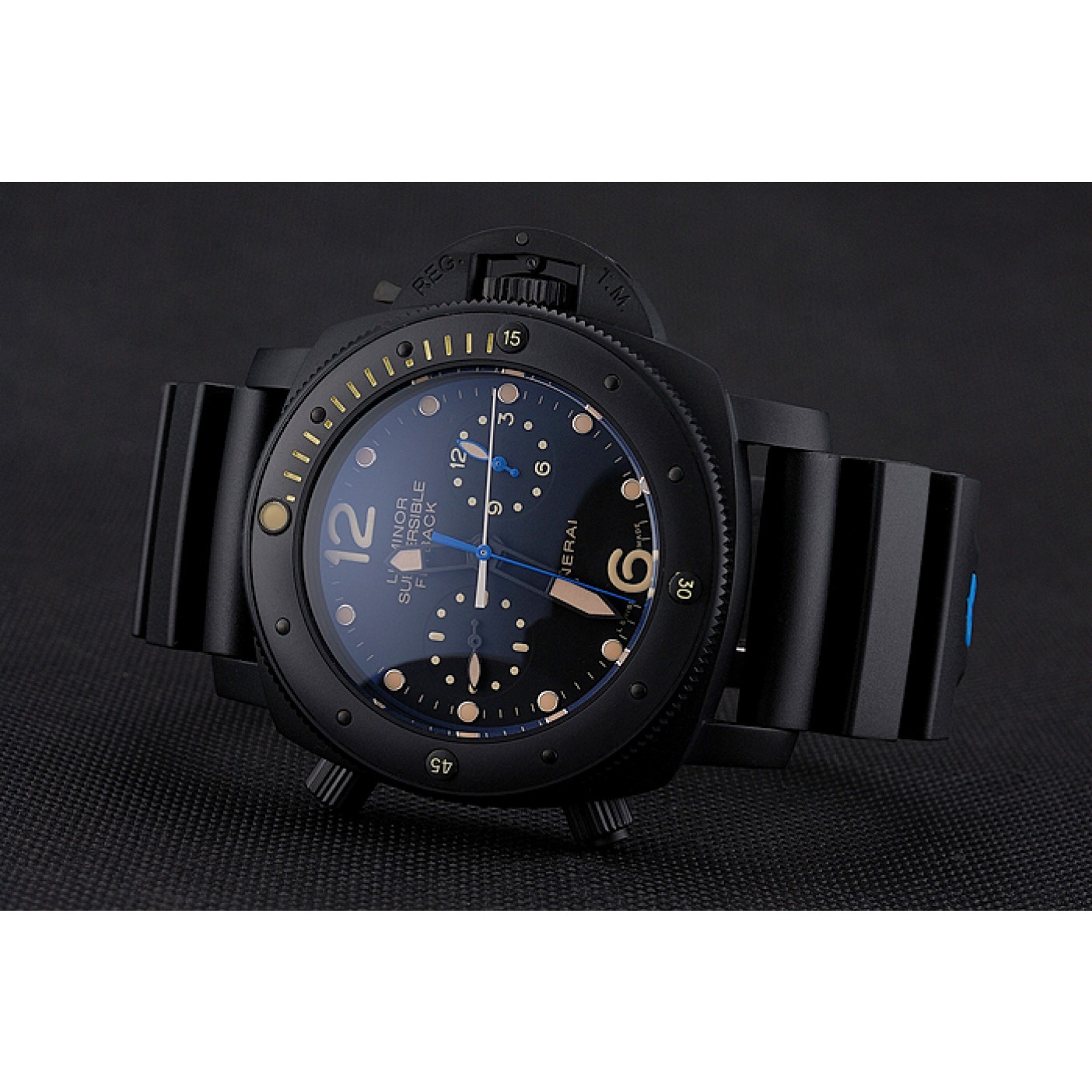 MiroTime Panerai Luminor Submersible Flyback GMT Black Dial Yellow Markings Black Ionized Case Black Rubber Strap