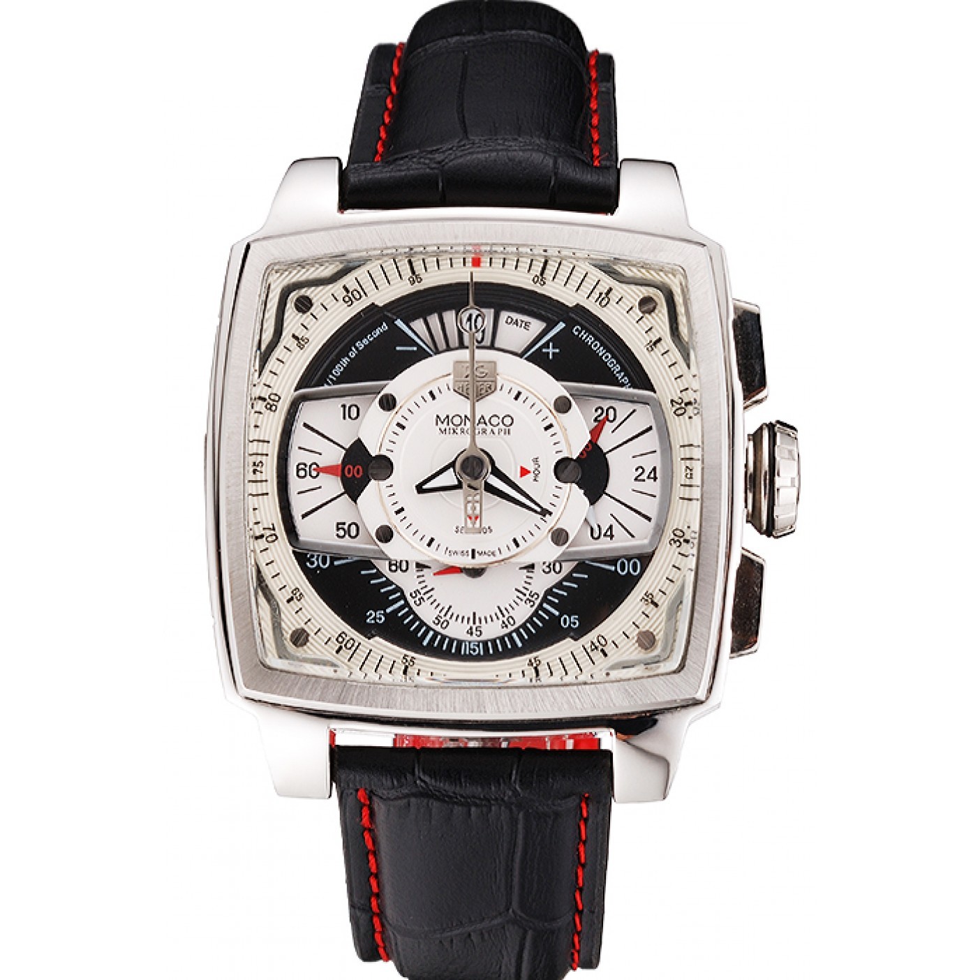MiroTime Tag Heuer Monaco Black Perforated Leather Strap White Dial 80306