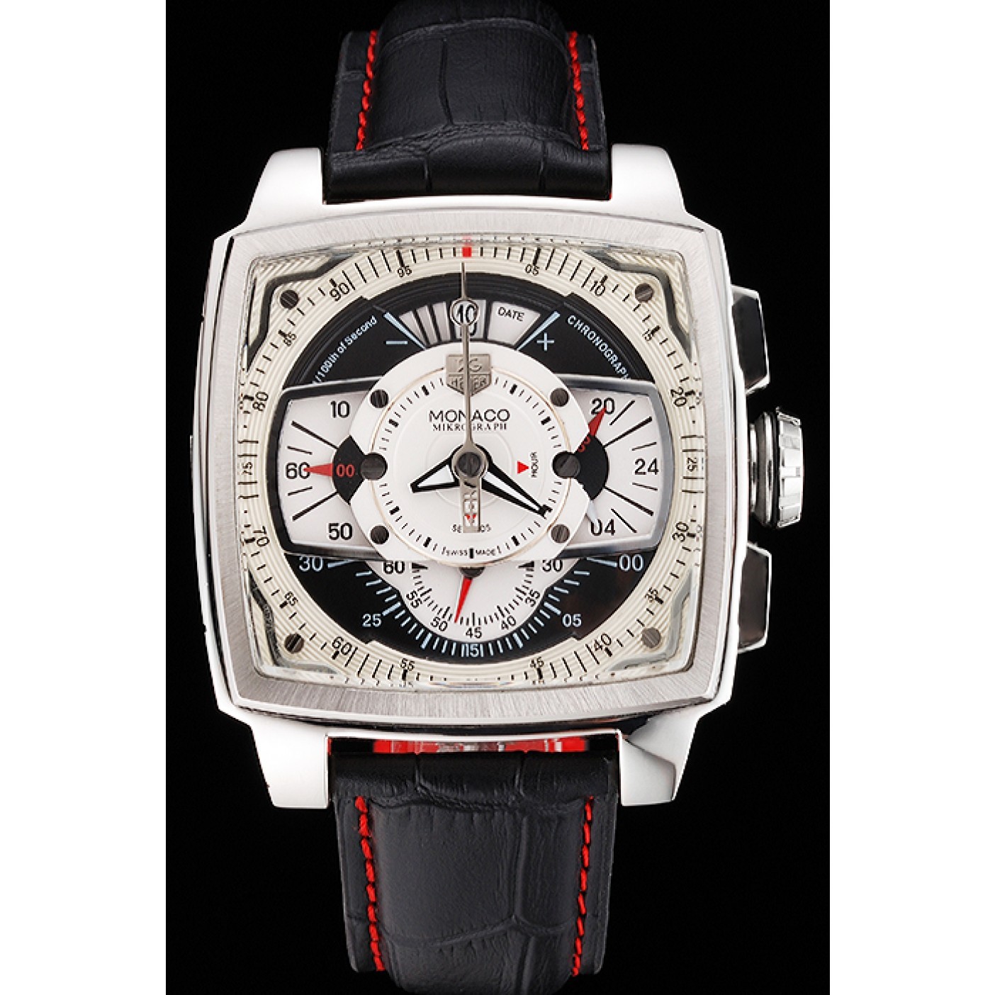MiroTime Tag Heuer Monaco Black Perforated Leather Strap White Dial 80306