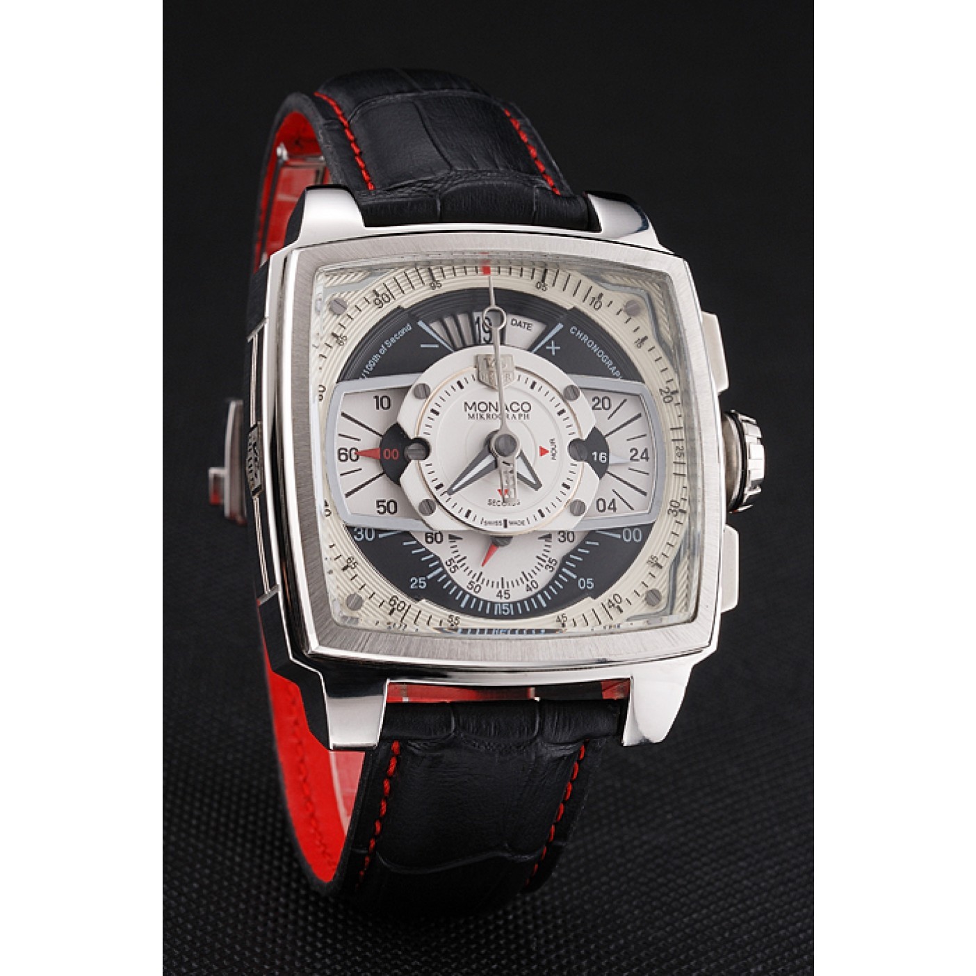 MiroTime Tag Heuer Monaco Black Perforated Leather Strap White Dial 80306