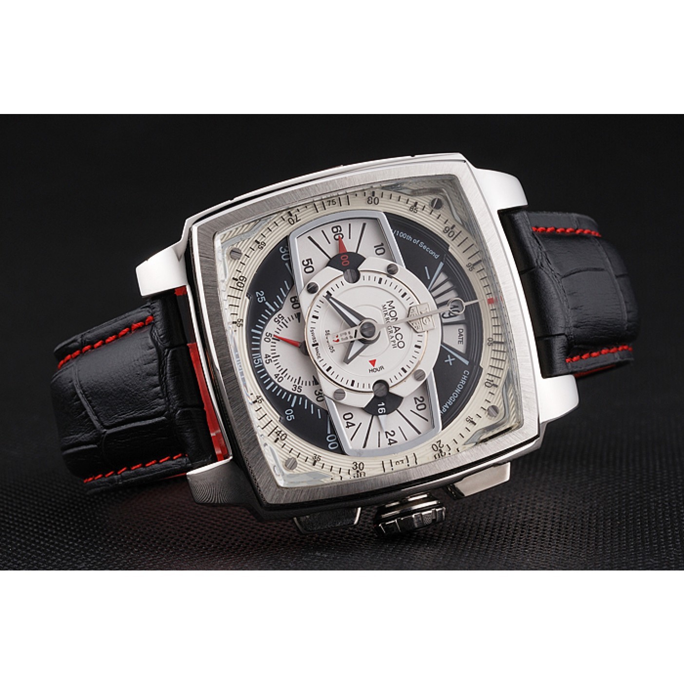 MiroTime Tag Heuer Monaco Black Perforated Leather Strap White Dial 80306
