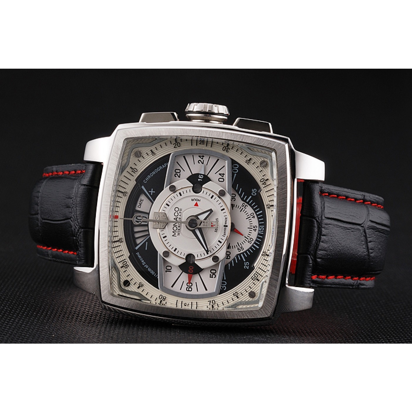 MiroTime Tag Heuer Monaco Black Perforated Leather Strap White Dial 80306