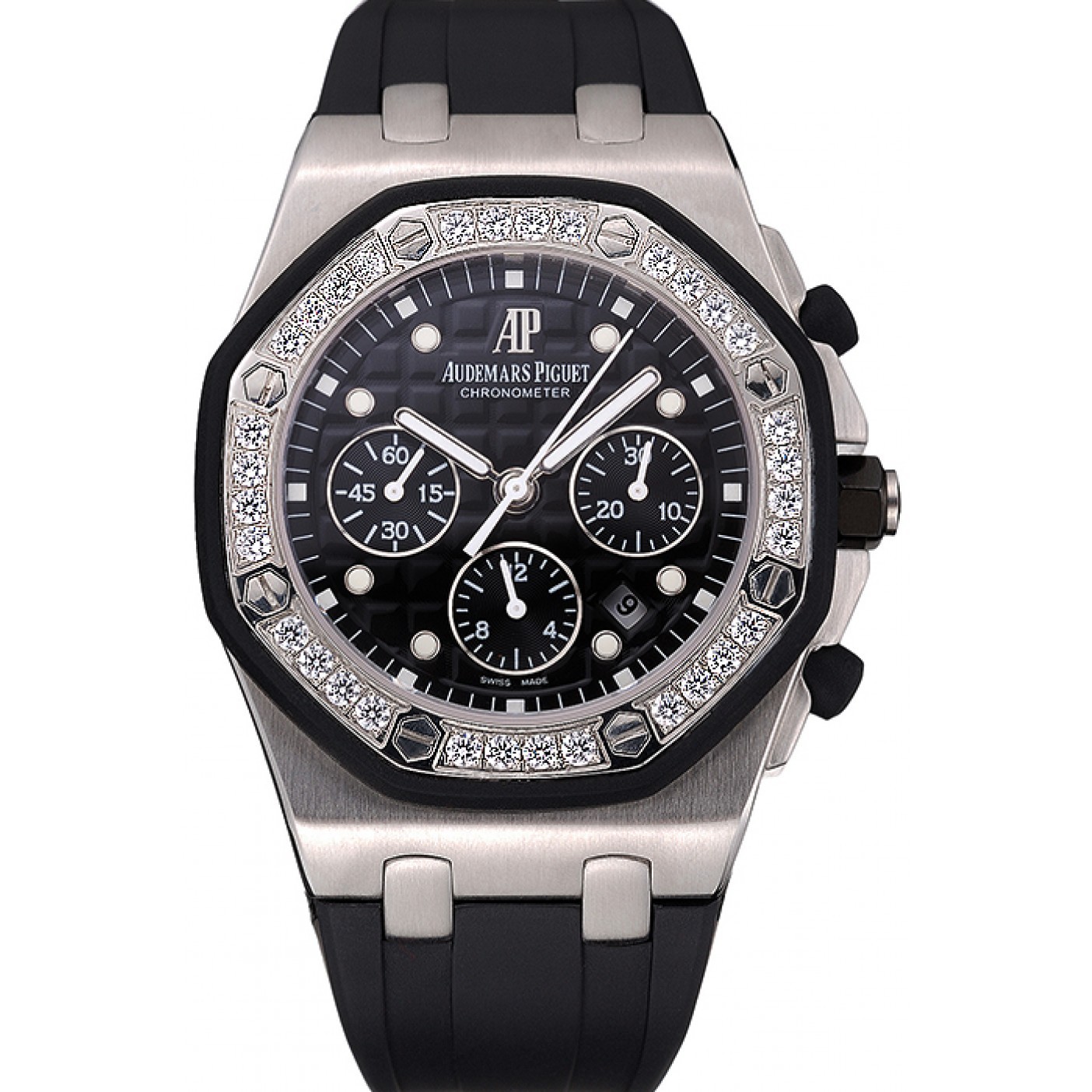 MiroTime Swiss Audemars Piguet Royal Oak Chronometer Black Dial Diamond Bezel Stainless Steel Case Black Rubber Strap 622867