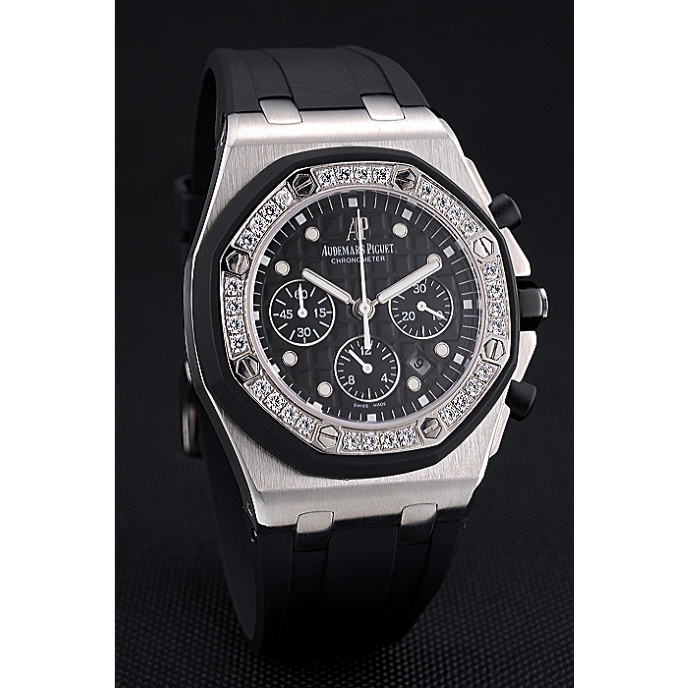 MiroTime Swiss Audemars Piguet Royal Oak Chronometer Black Dial Diamond Bezel Stainless Steel Case Black Rubber Strap 622867