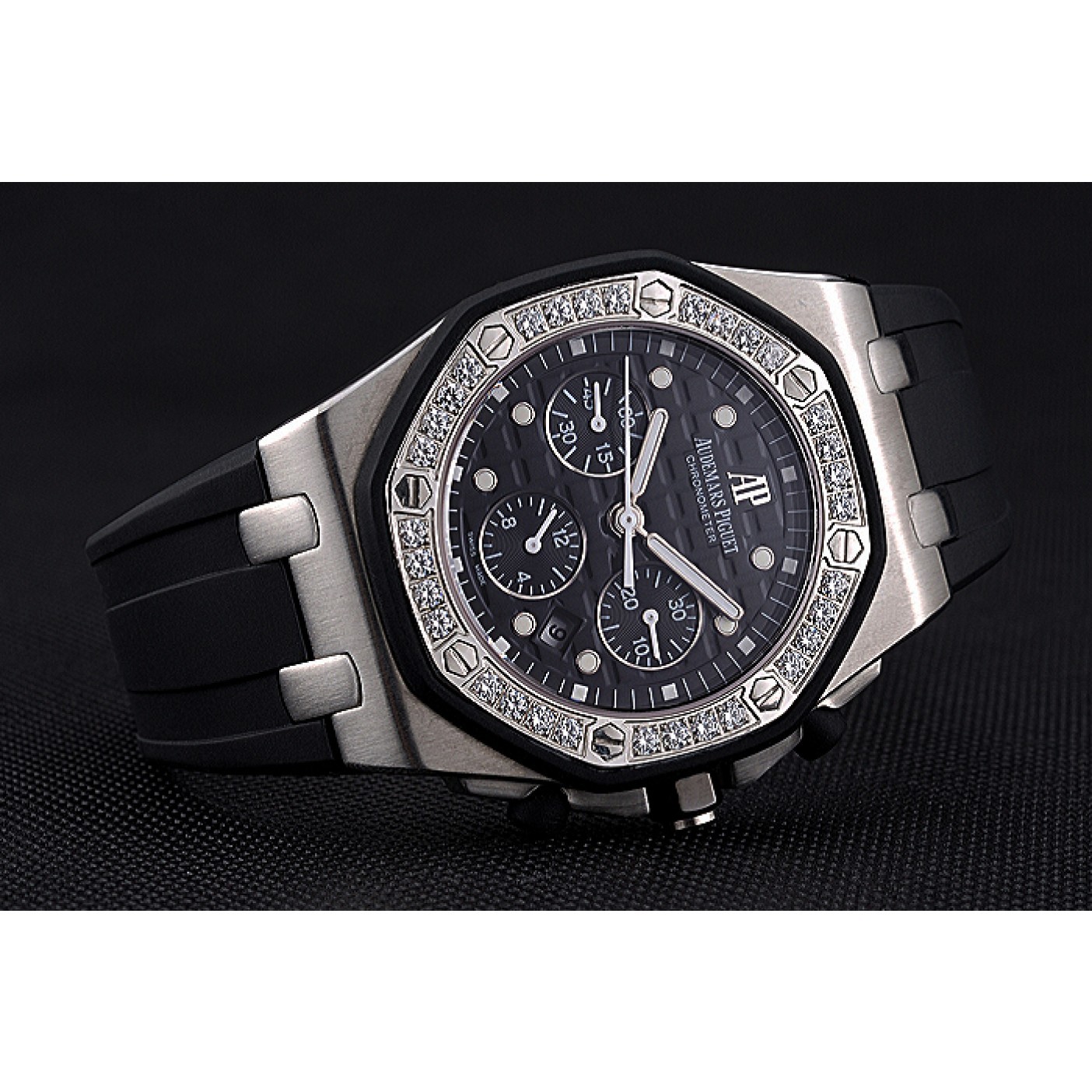 MiroTime Swiss Audemars Piguet Royal Oak Chronometer Black Dial Diamond Bezel Stainless Steel Case Black Rubber Strap 622867
