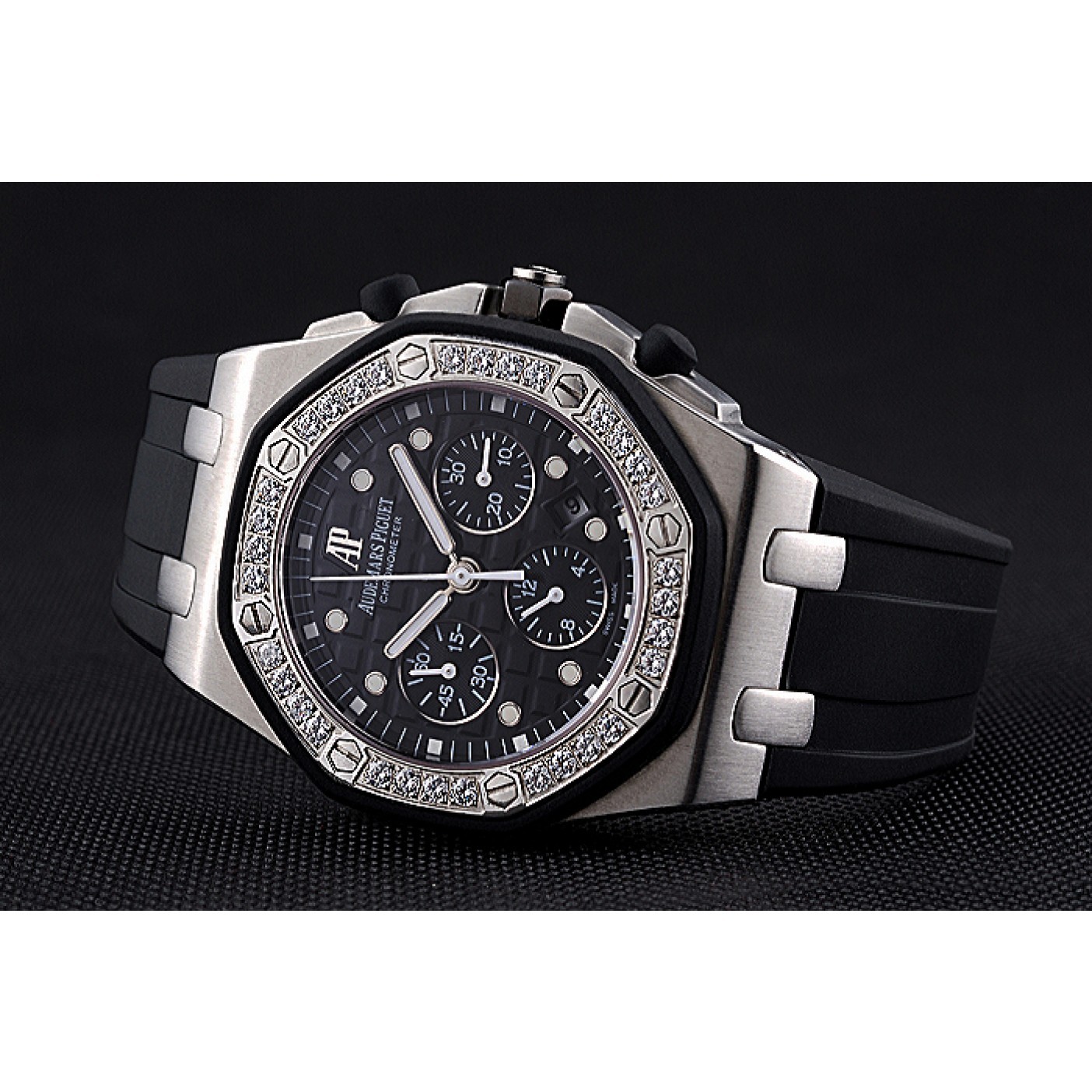 MiroTime Swiss Audemars Piguet Royal Oak Chronometer Black Dial Diamond Bezel Stainless Steel Case Black Rubber Strap 622867