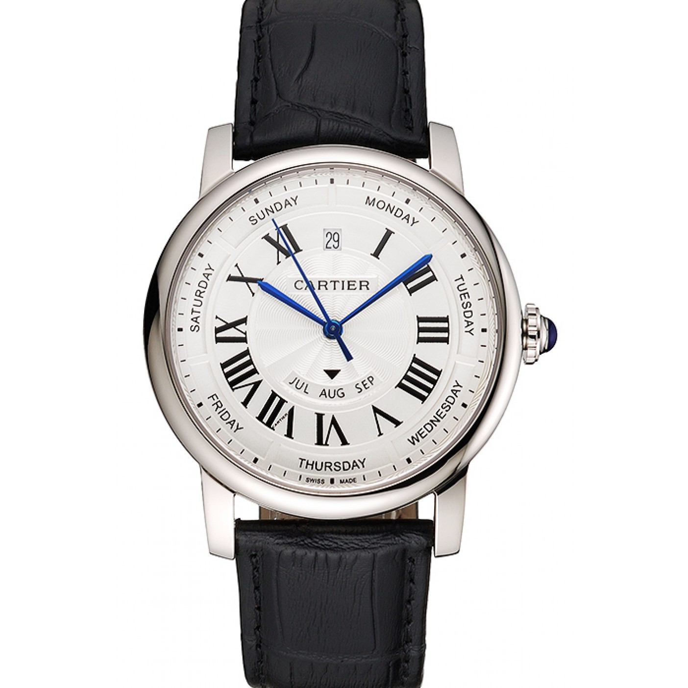 MiroTime Swiss Cartier Rotonde Annual Calendar White Dial Stainless Steel Case Black Leather Strap