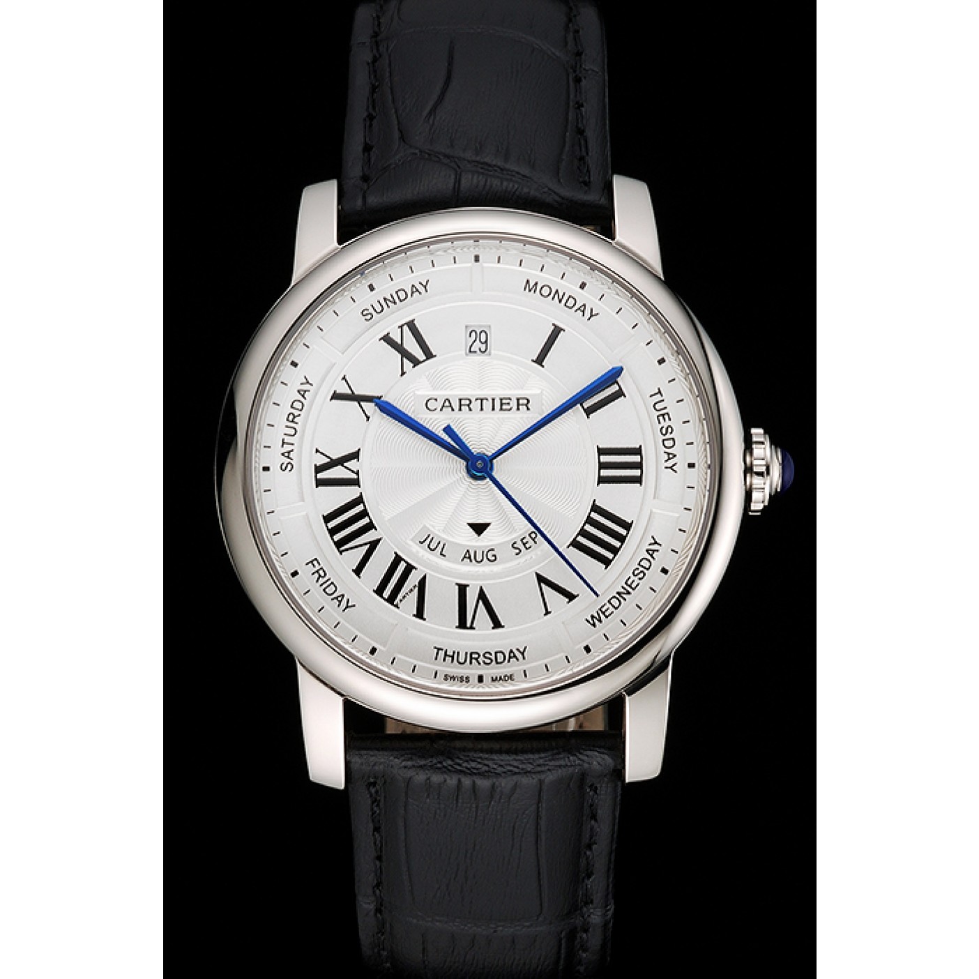 MiroTime Swiss Cartier Rotonde Annual Calendar White Dial Stainless Steel Case Black Leather Strap
