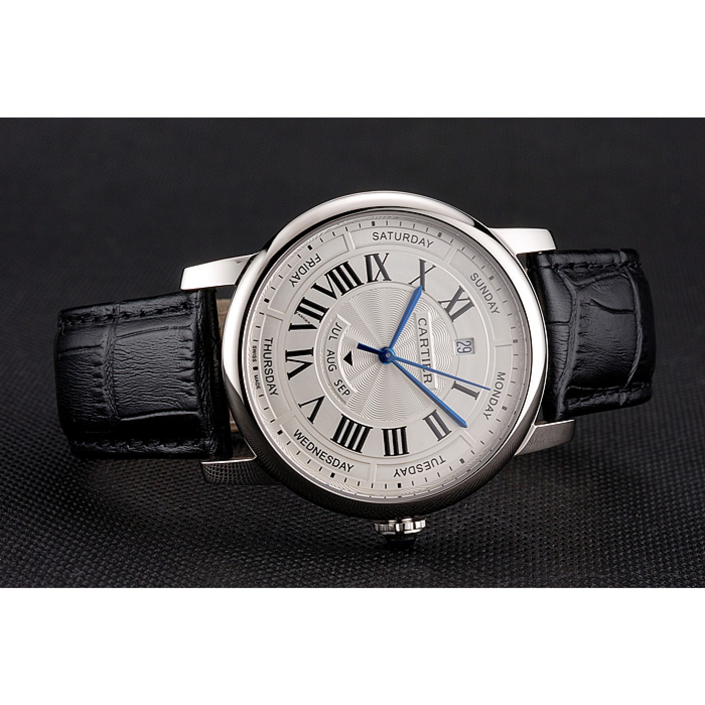 MiroTime Swiss Cartier Rotonde Annual Calendar White Dial Stainless Steel Case Black Leather Strap