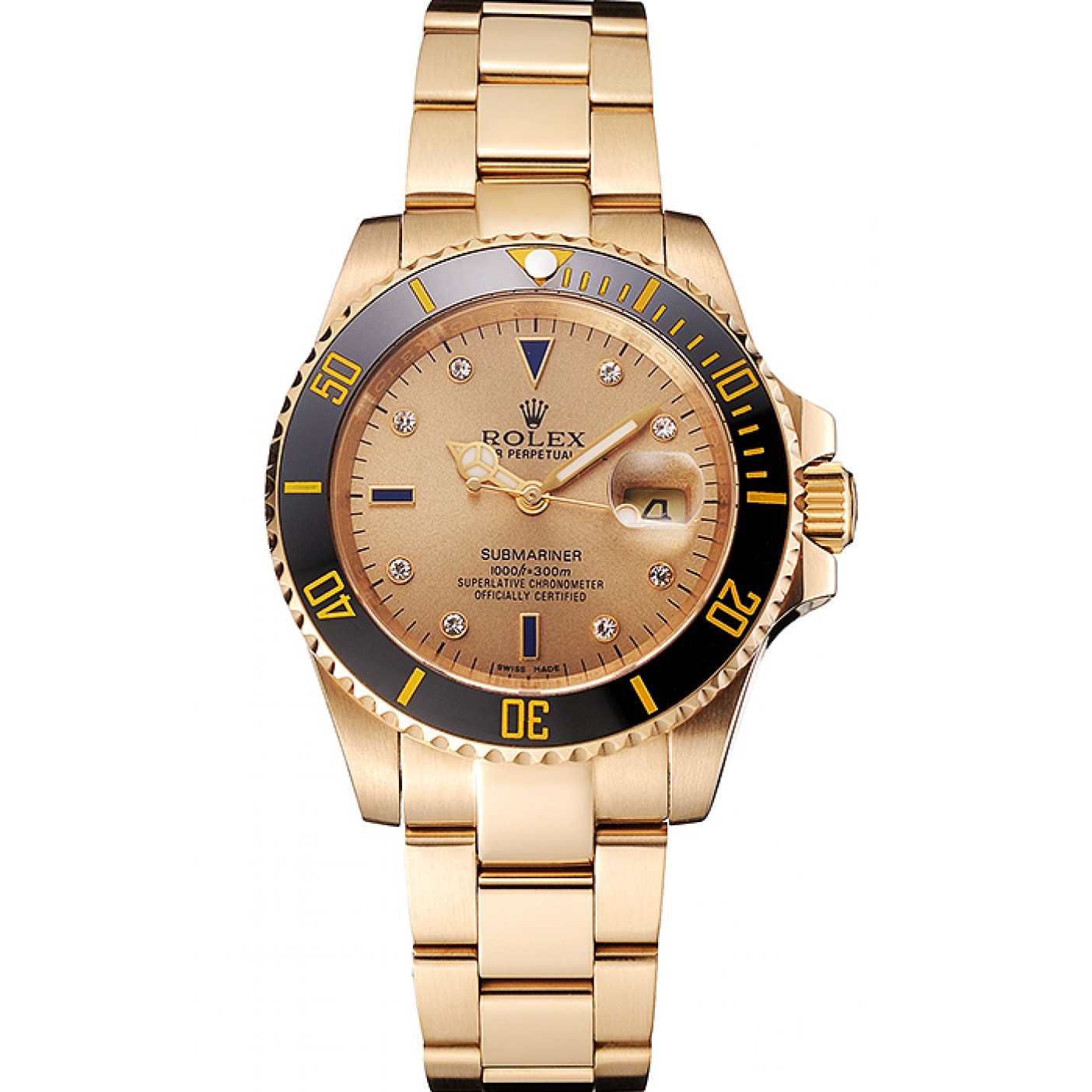 MiroTime Swiss Rolex Submariner Gold Dial With Diamond Markings Black Bezel Yellow Gold Case And Bracelet