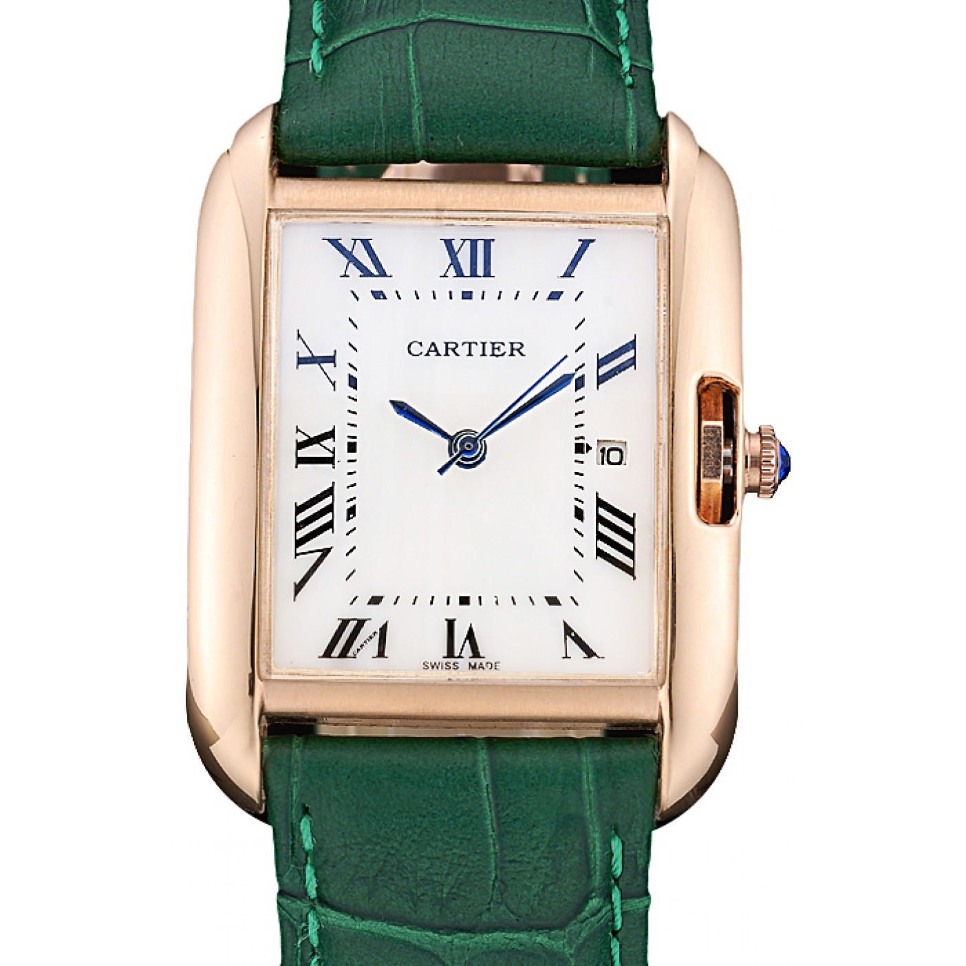 MiroTime Cartier Tank Anglaise 30mm White Dial Gold Case Green Leather Bracelet
