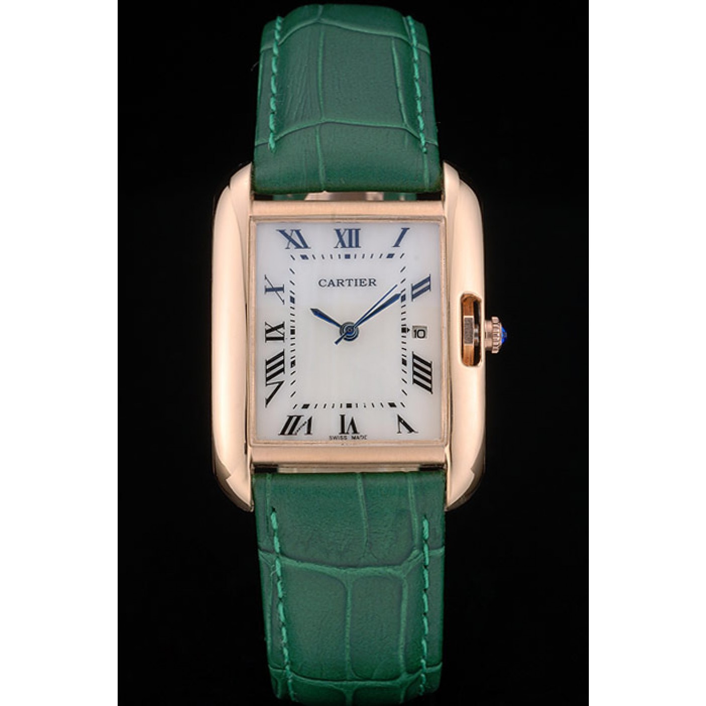 MiroTime Cartier Tank Anglaise 30mm White Dial Gold Case Green Leather Bracelet
