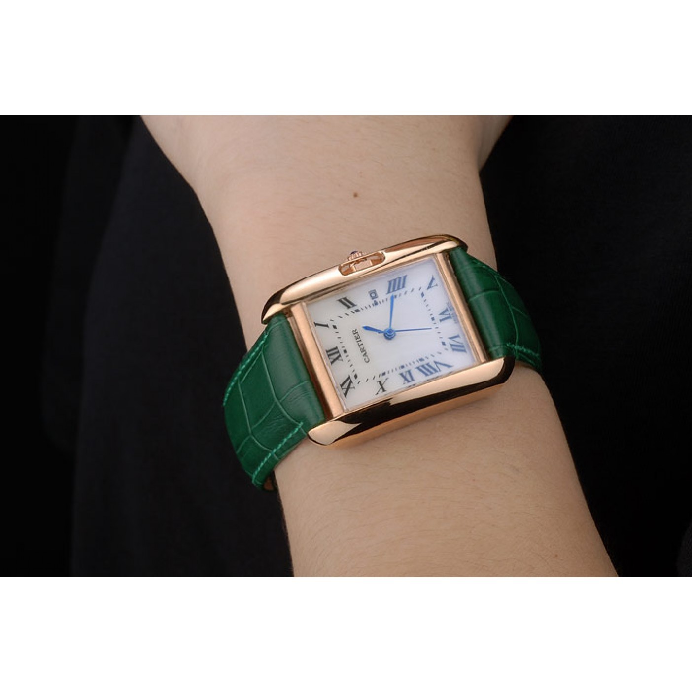 MiroTime Cartier Tank Anglaise 30mm White Dial Gold Case Green Leather Bracelet