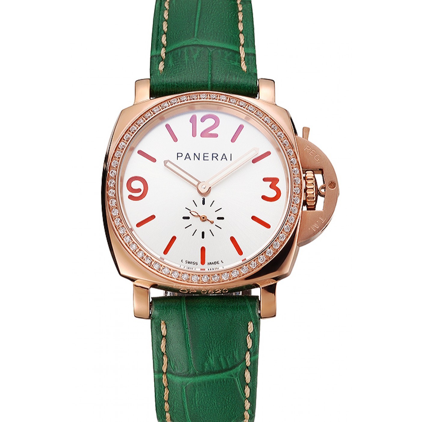 MiroTime Panerai Radiomir White Dial Diamond Bezel Rose Gold Case Green Leather Strap 1453803