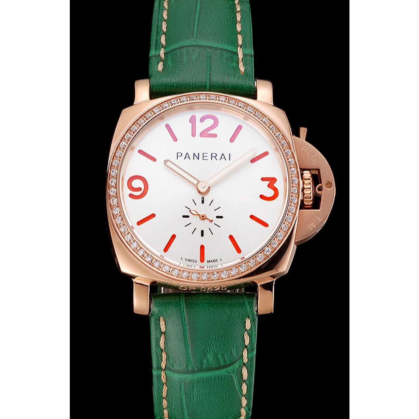 MiroTime Panerai Radiomir White Dial Diamond Bezel Rose Gold Case Green Leather Strap 1453803