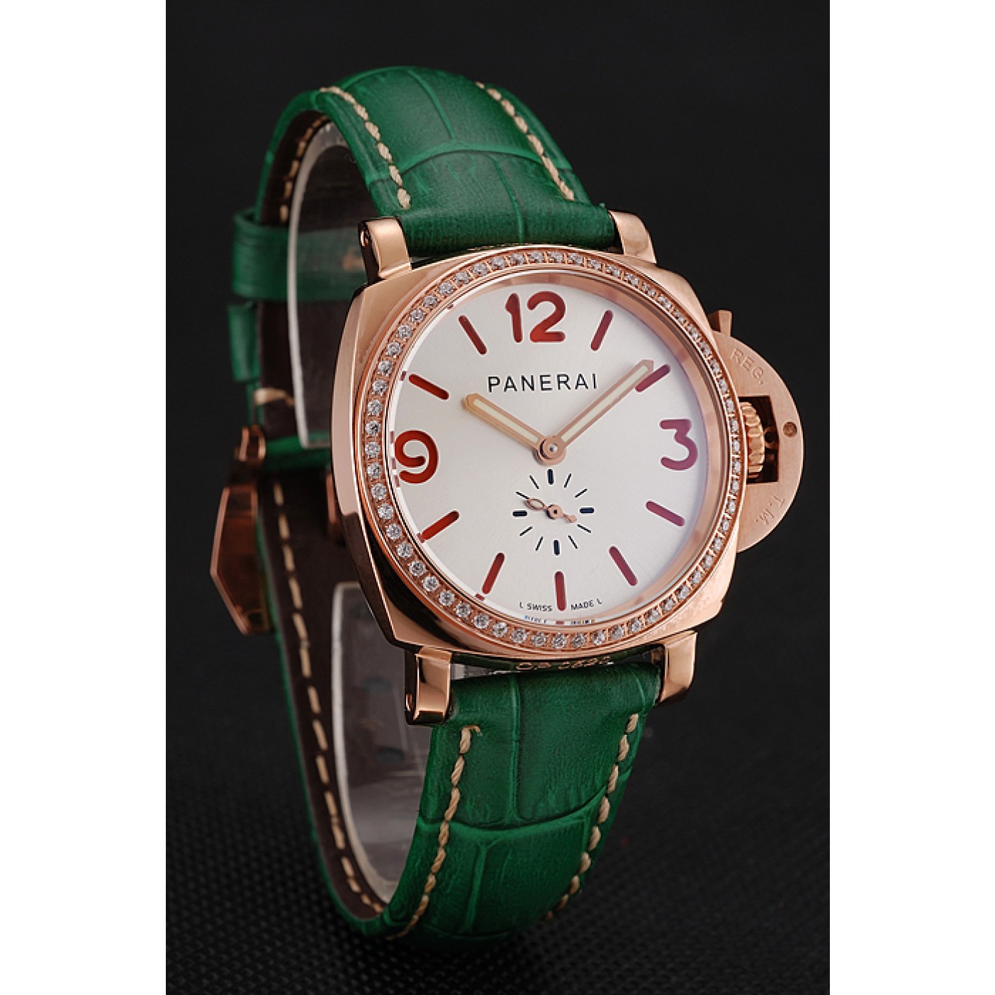 MiroTime Panerai Radiomir White Dial Diamond Bezel Rose Gold Case Green Leather Strap 1453803
