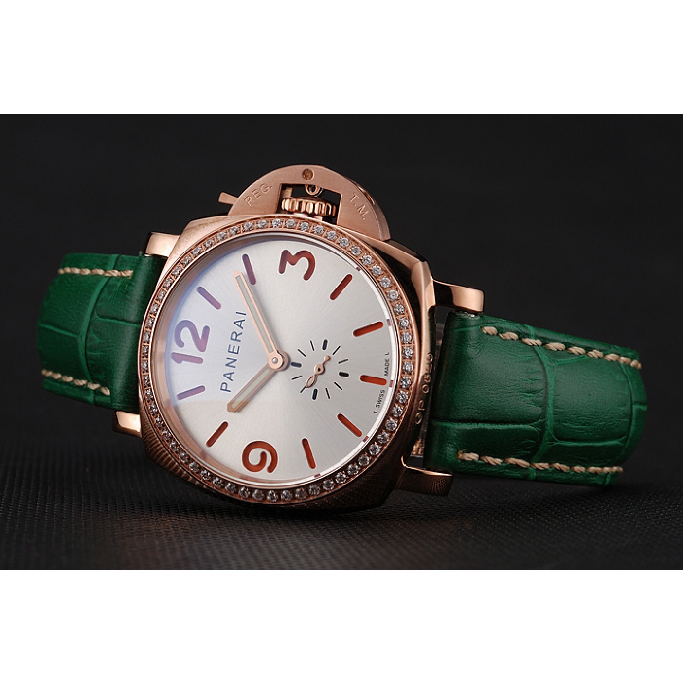 MiroTime Panerai Radiomir White Dial Diamond Bezel Rose Gold Case Green Leather Strap 1453803