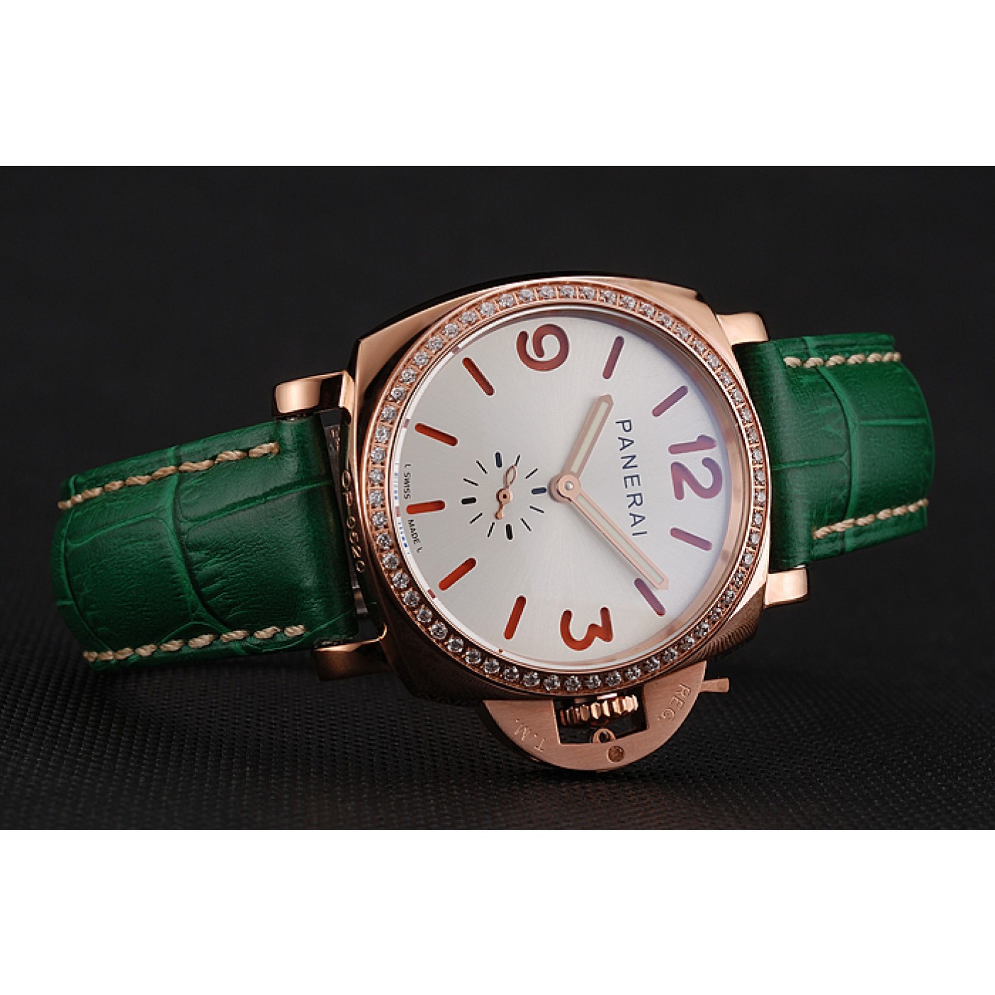 MiroTime Panerai Radiomir White Dial Diamond Bezel Rose Gold Case Green Leather Strap 1453803
