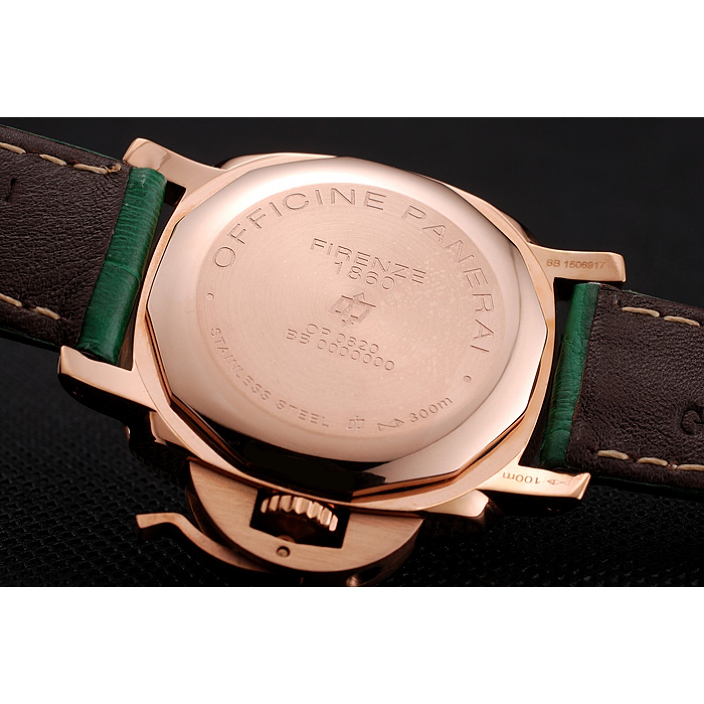 MiroTime Panerai Radiomir White Dial Diamond Bezel Rose Gold Case Green Leather Strap 1453803