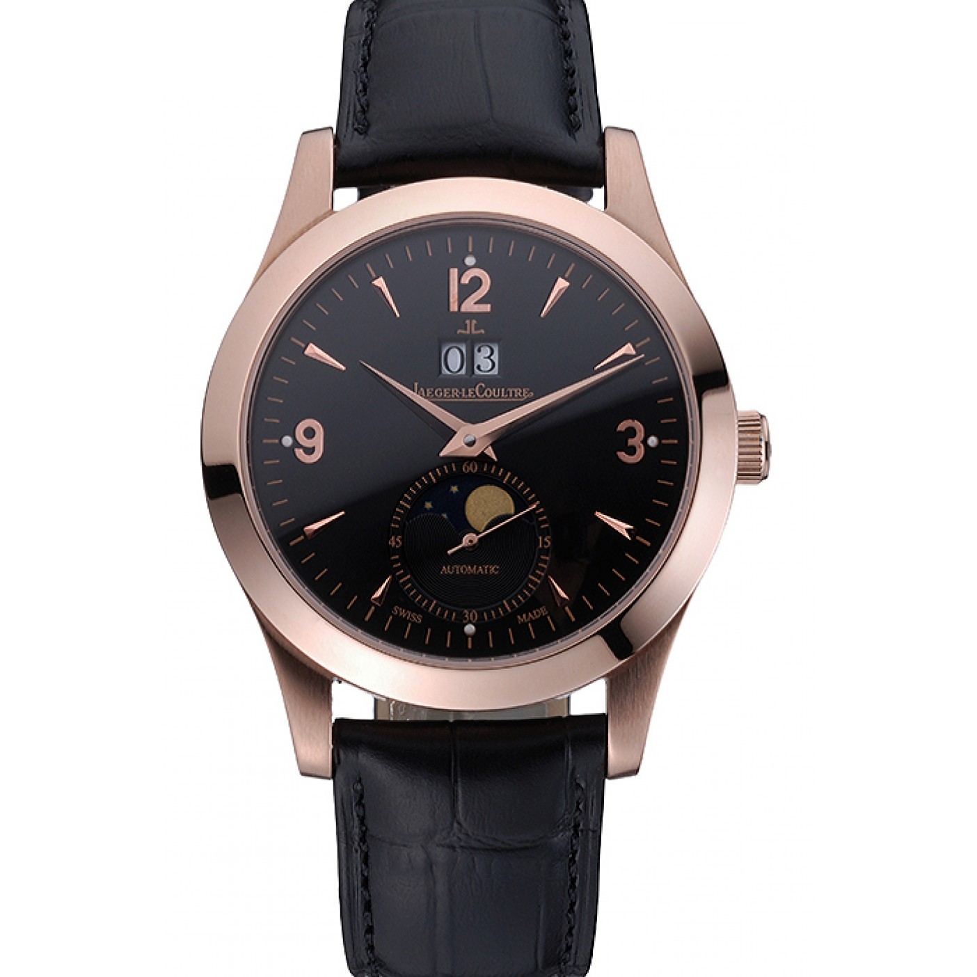 MiroTime Jaeger LeCoultre Master Black Dial Black Leather Band Stainless Steel Bezel 622081