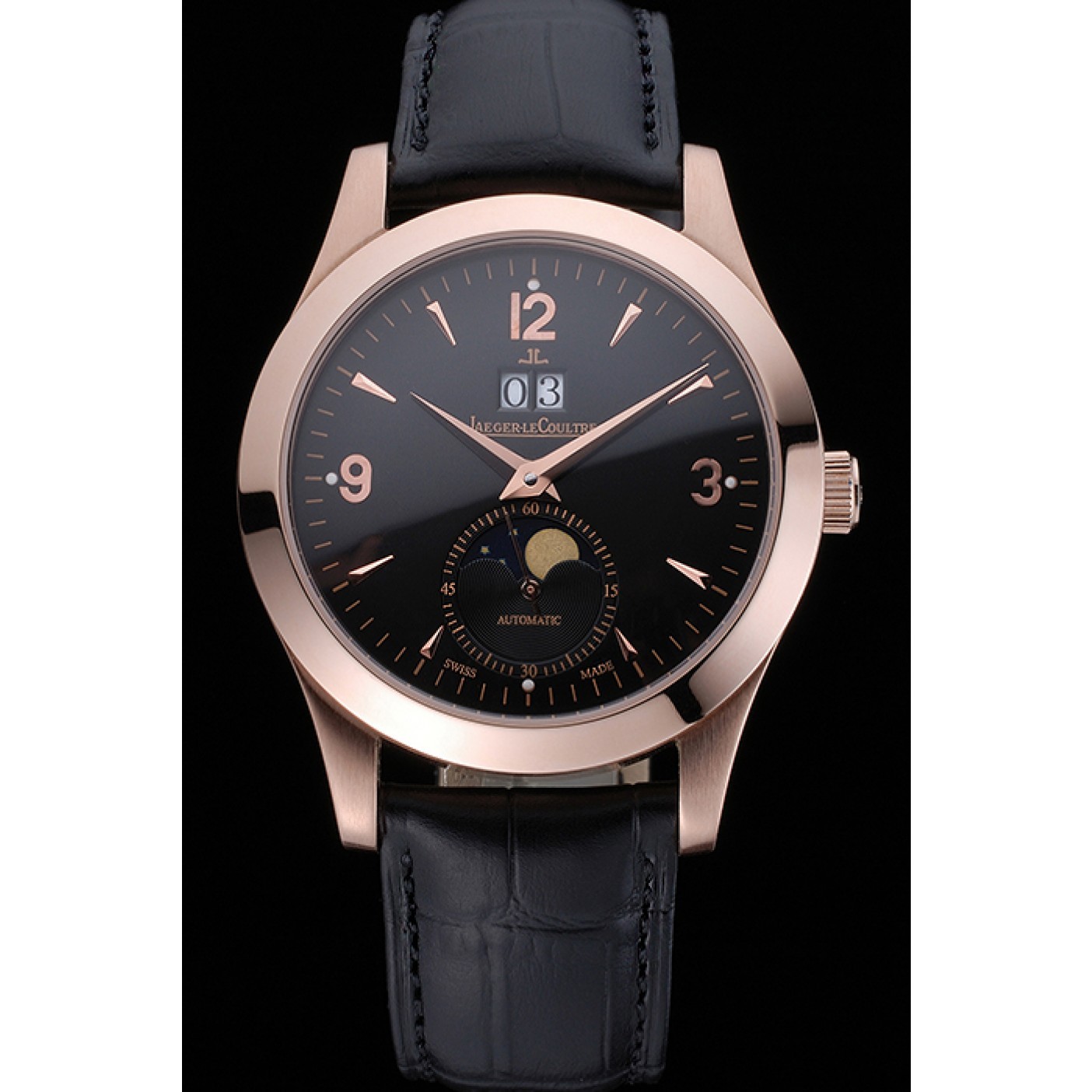 MiroTime Jaeger LeCoultre Master Black Dial Black Leather Band Stainless Steel Bezel 622081