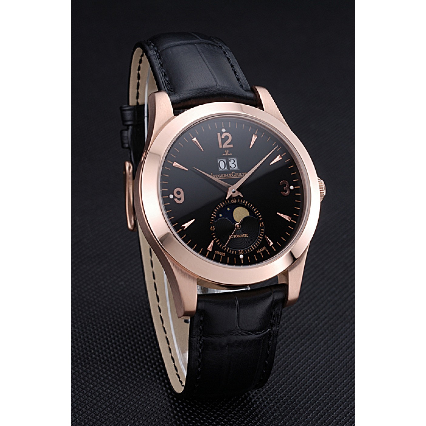 MiroTime Jaeger LeCoultre Master Black Dial Black Leather Band Stainless Steel Bezel 622081