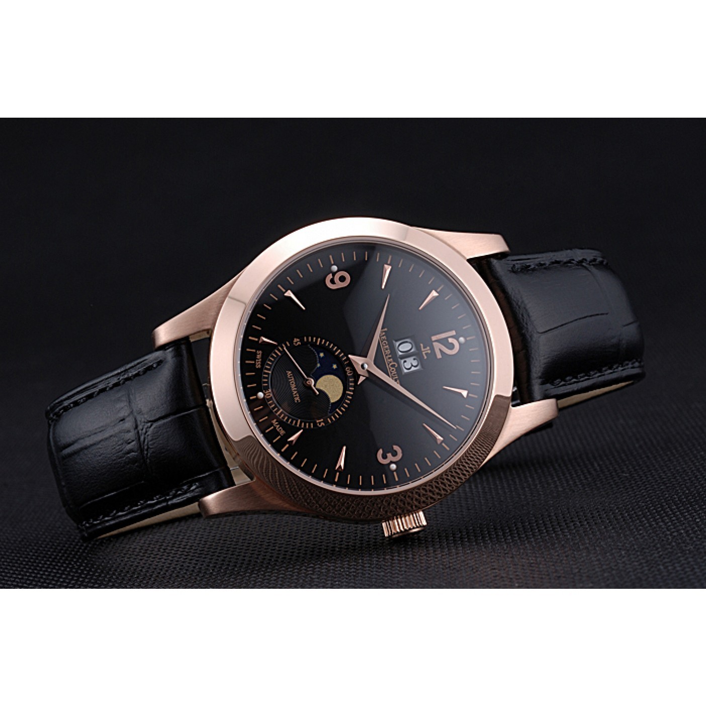 MiroTime Jaeger LeCoultre Master Black Dial Black Leather Band Stainless Steel Bezel 622081