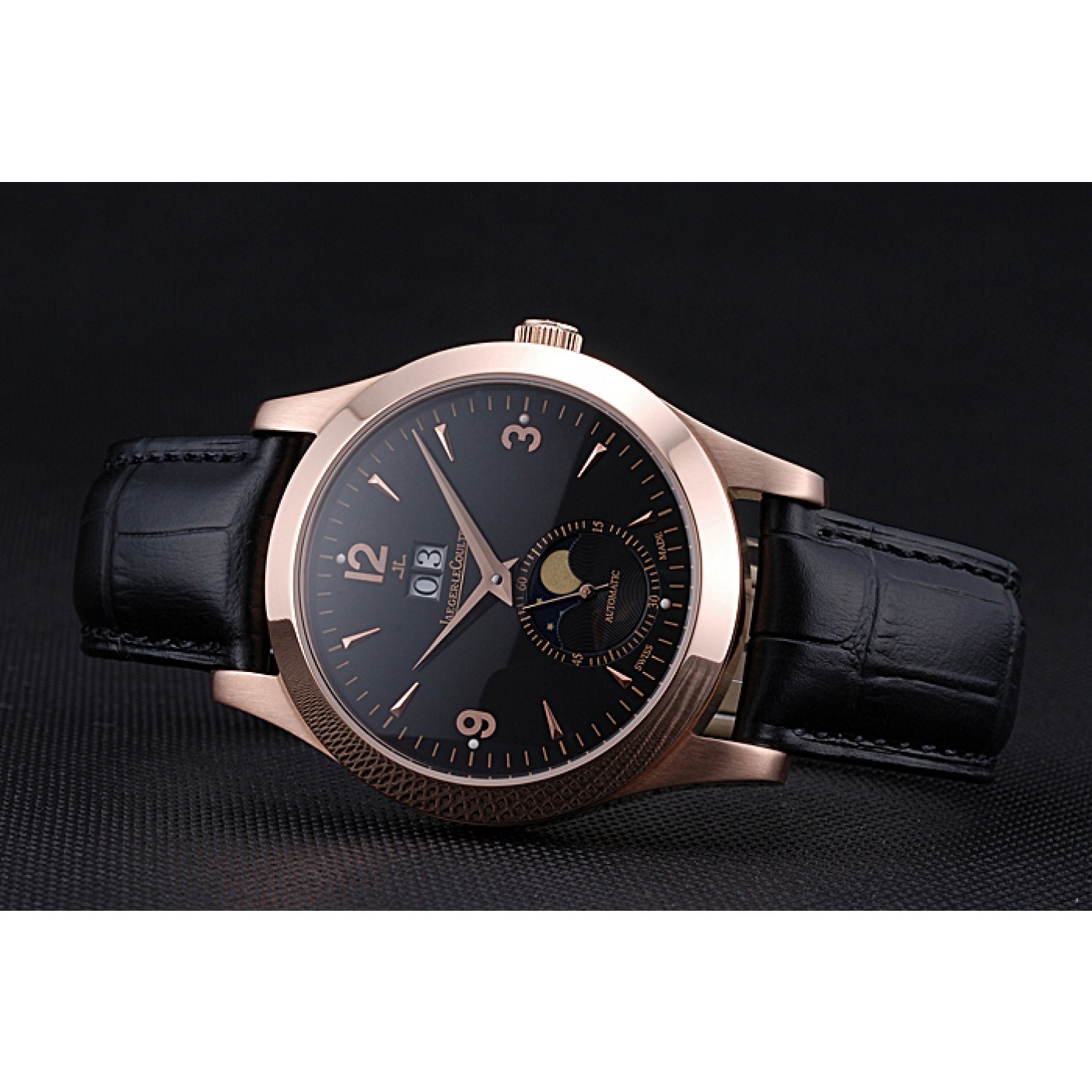 MiroTime Jaeger LeCoultre Master Black Dial Black Leather Band Stainless Steel Bezel 622081