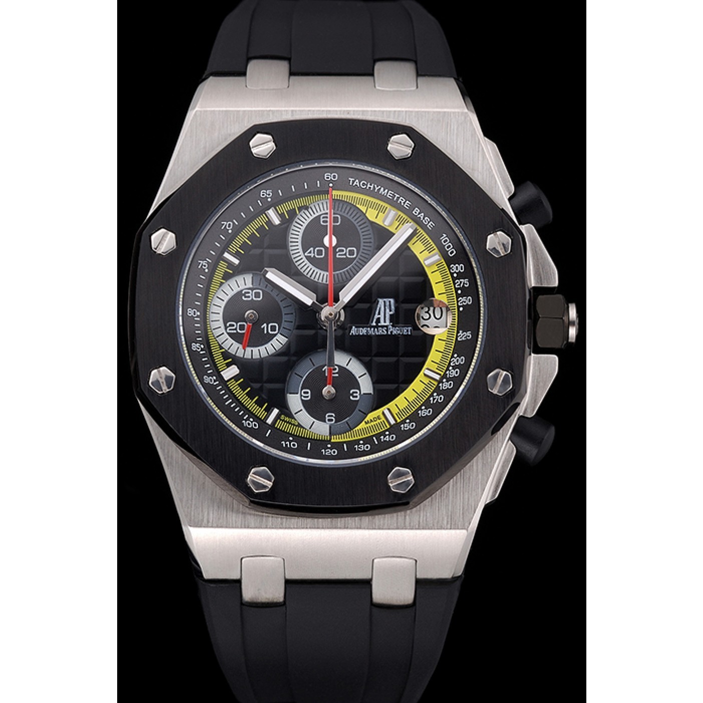 MiroTime Swiss Audemars Piguet Royal Oak Offshore Black And Yellow Dial Stainless Steel Case Black Rubber Strap 622855
