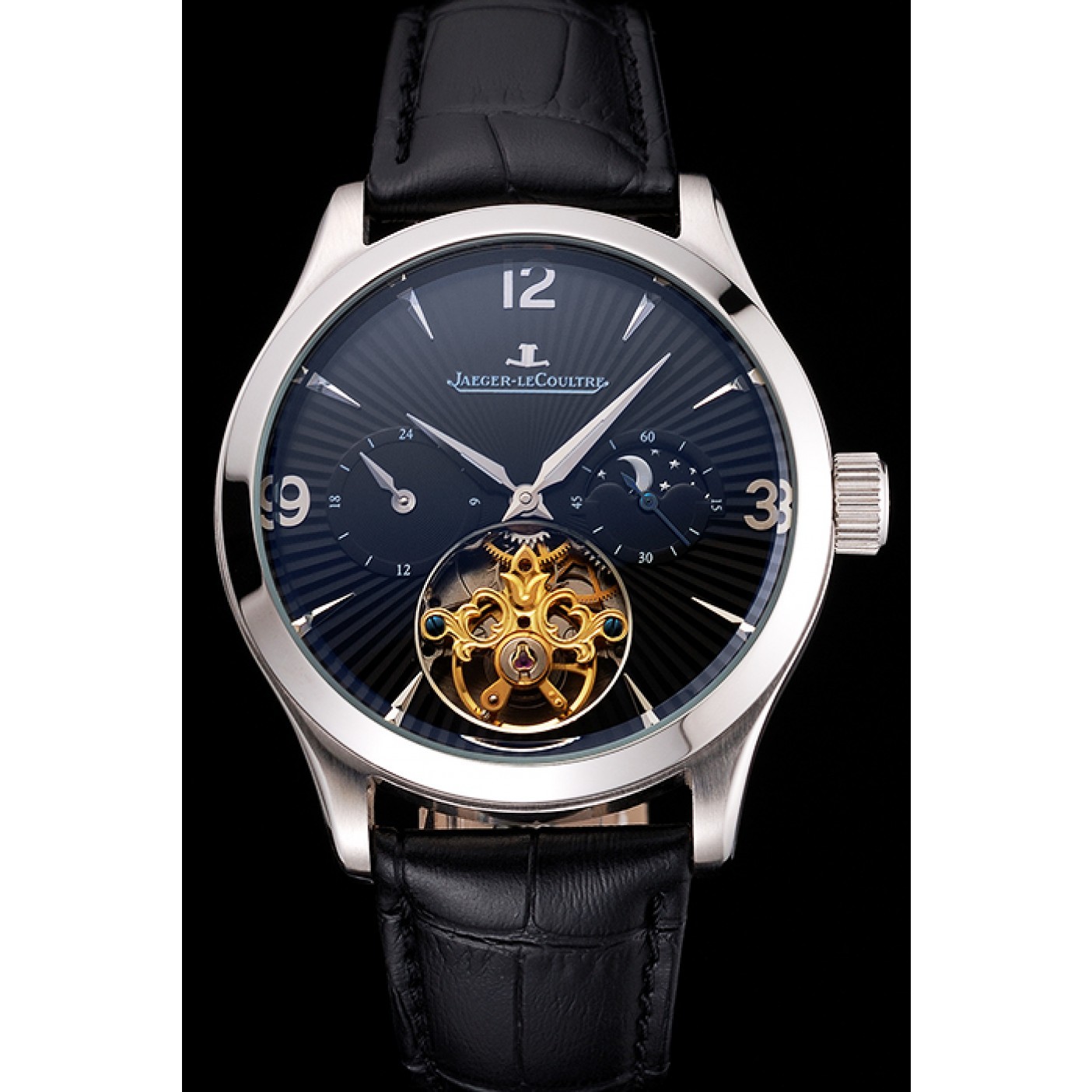 MiroTime Jaeger LeCoultre Master Moonphase Tourbillon Black Dial Stainless Steel Case Black Leather Strap