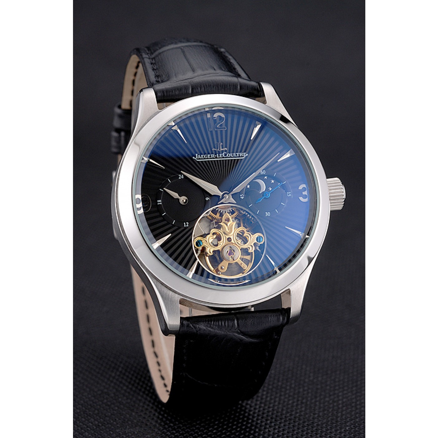 MiroTime Jaeger LeCoultre Master Moonphase Tourbillon Black Dial Stainless Steel Case Black Leather Strap
