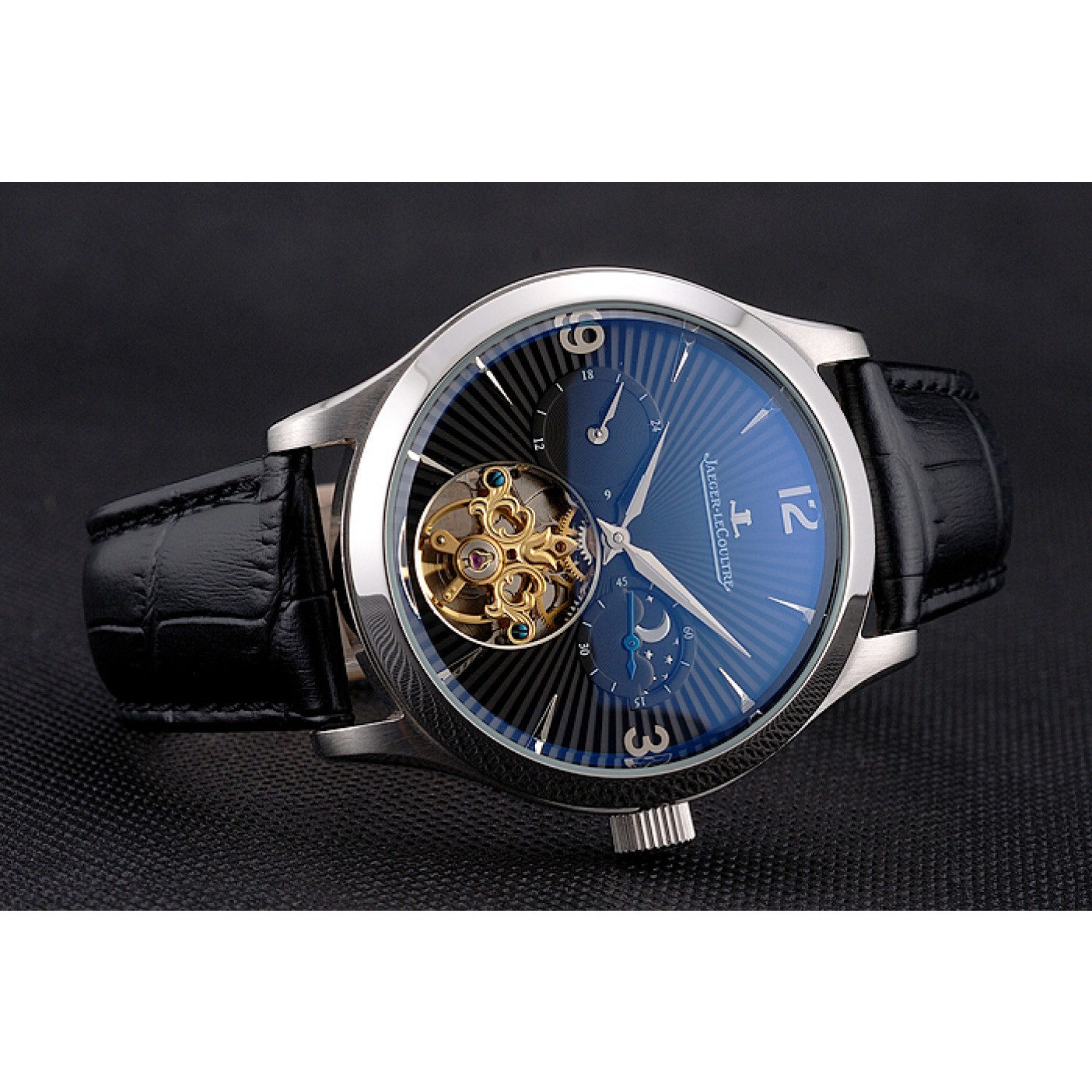 MiroTime Jaeger LeCoultre Master Moonphase Tourbillon Black Dial Stainless Steel Case Black Leather Strap