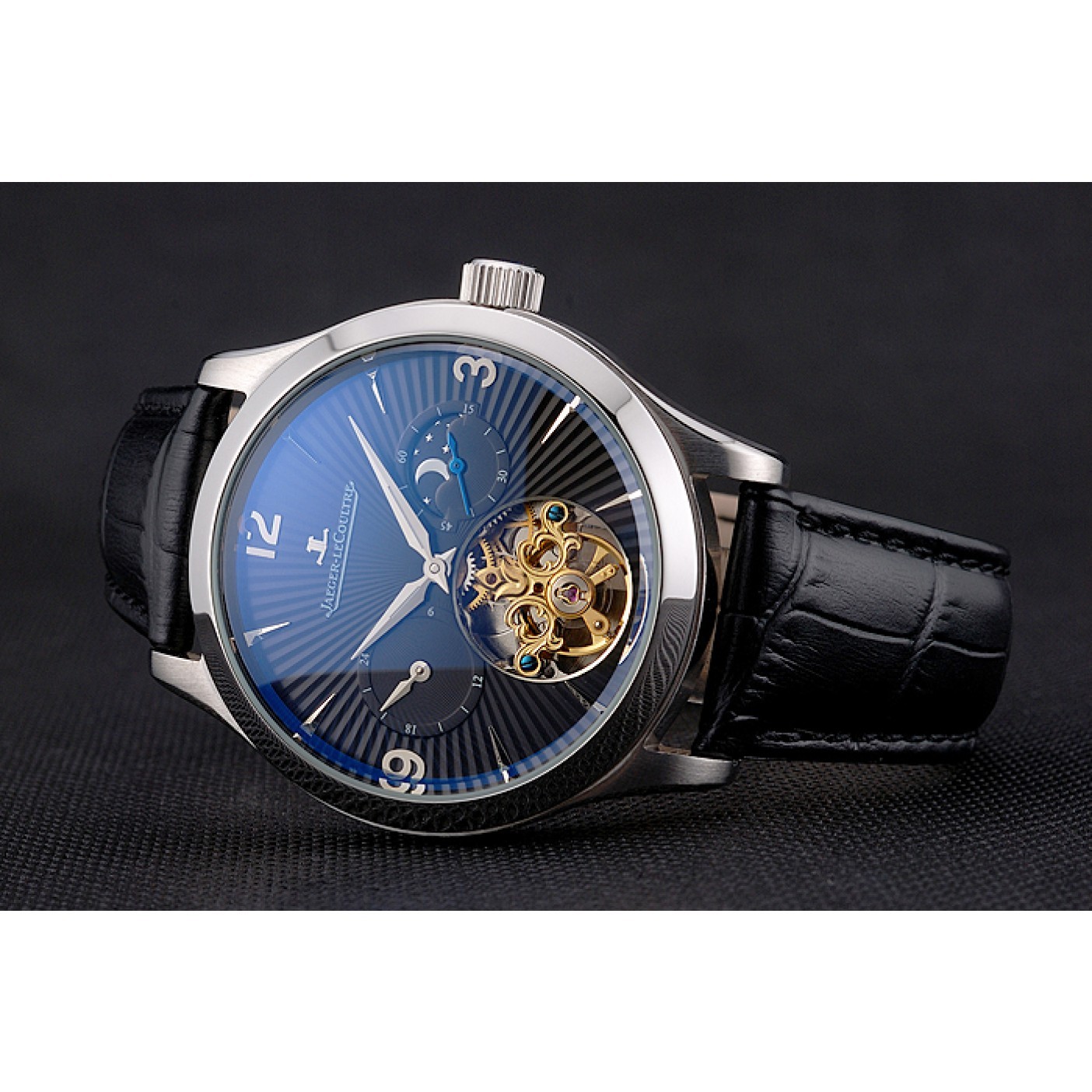 MiroTime Jaeger LeCoultre Master Moonphase Tourbillon Black Dial Stainless Steel Case Black Leather Strap