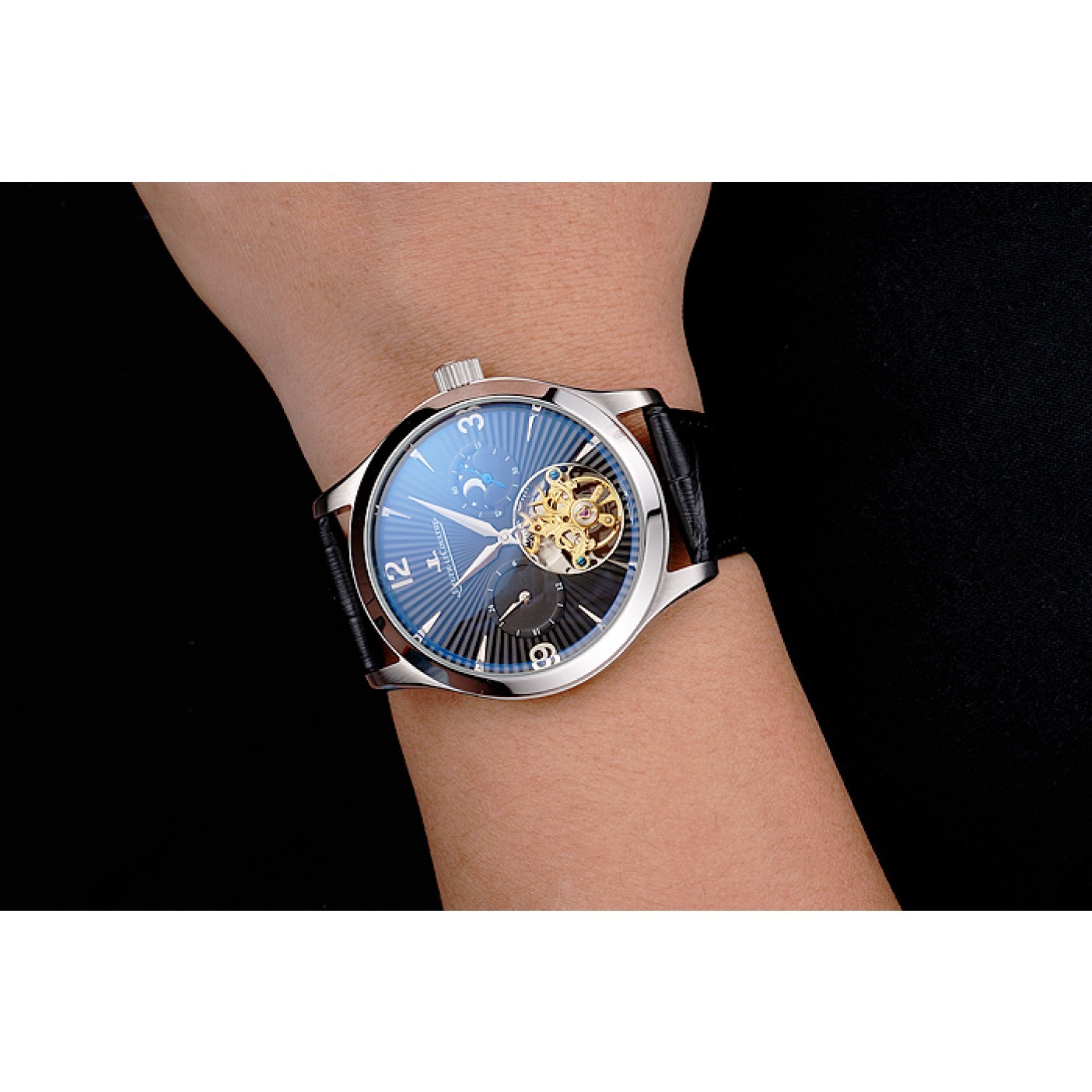 MiroTime Jaeger LeCoultre Master Moonphase Tourbillon Black Dial Stainless Steel Case Black Leather Strap