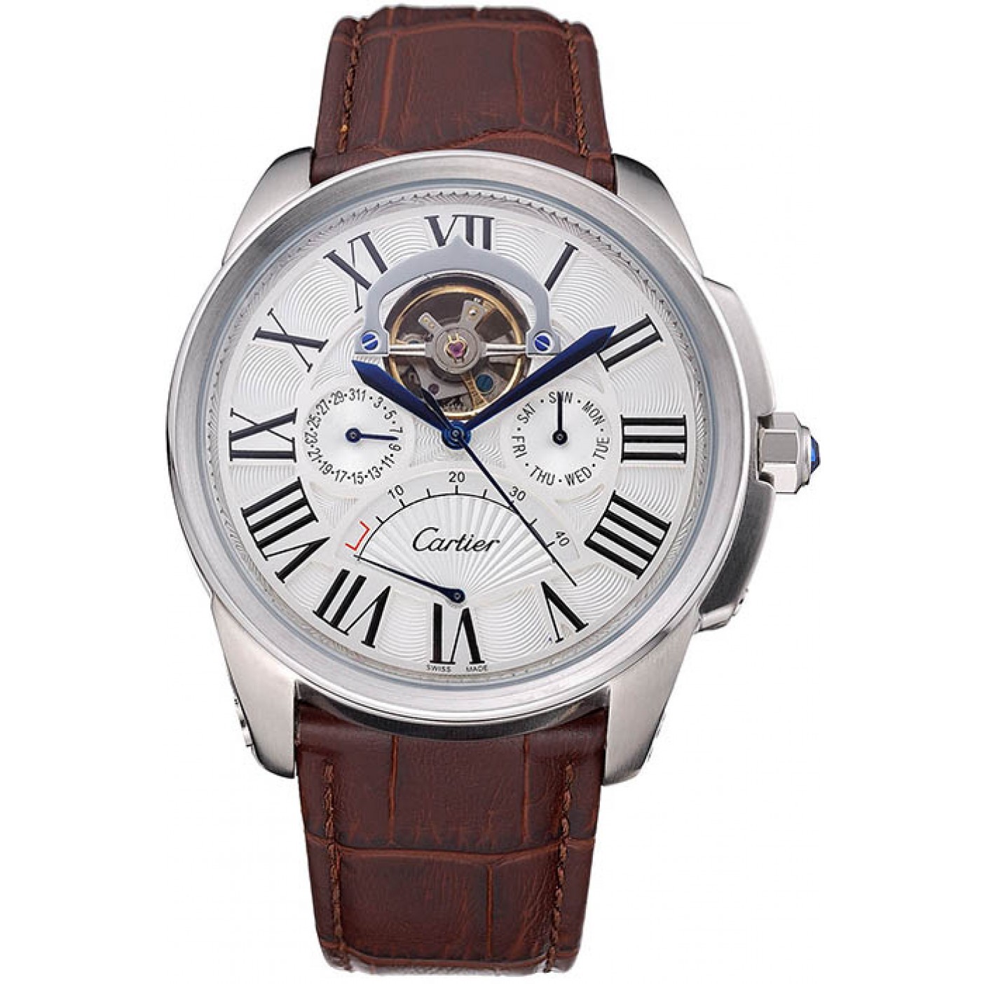 MiroTime Cartier Calibre Tourbillon White Dial Stainless Steel Case Brown Leather Strap 622750