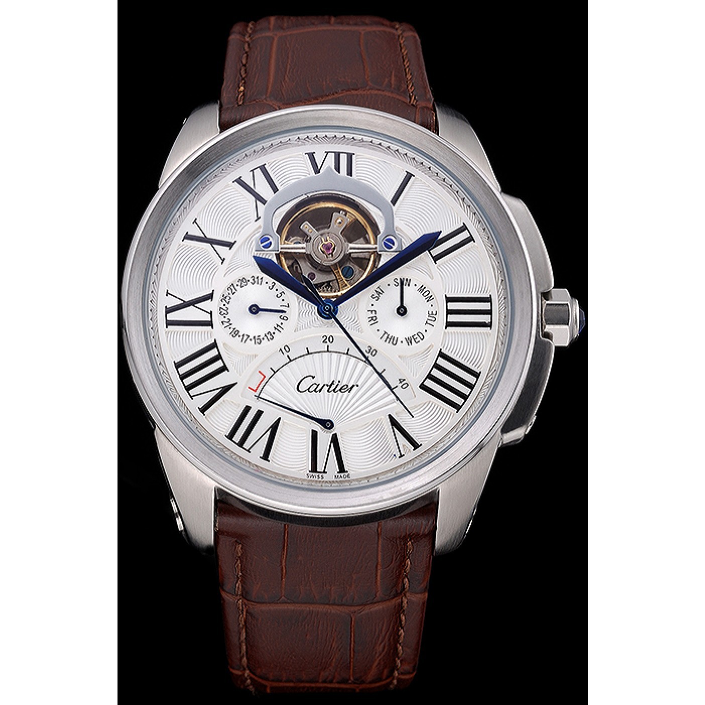MiroTime Cartier Calibre Tourbillon White Dial Stainless Steel Case Brown Leather Strap 622750