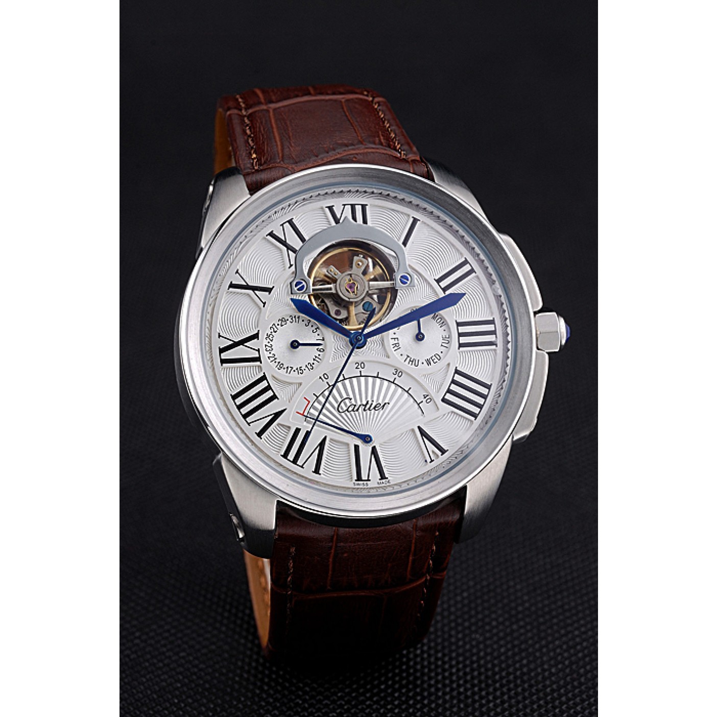 MiroTime Cartier Calibre Tourbillon White Dial Stainless Steel Case Brown Leather Strap 622750