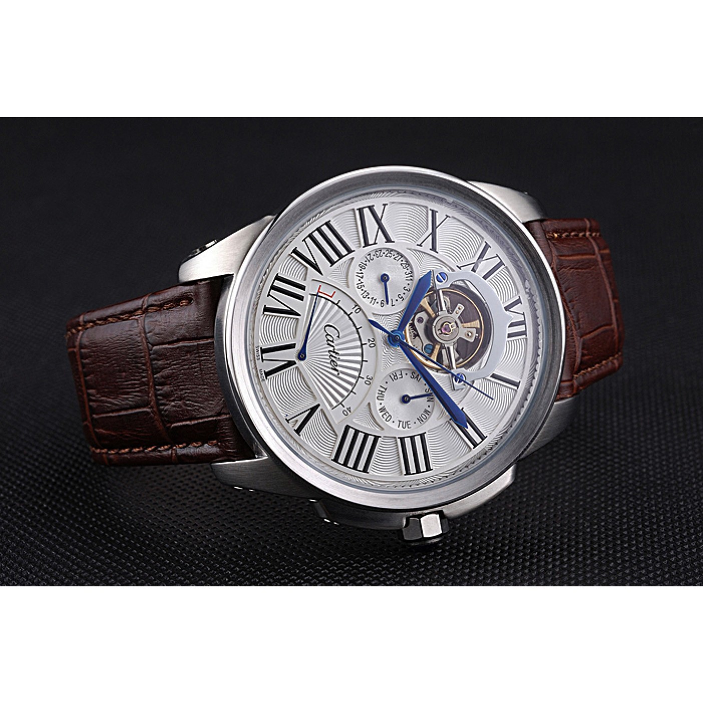 MiroTime Cartier Calibre Tourbillon White Dial Stainless Steel Case Brown Leather Strap 622750