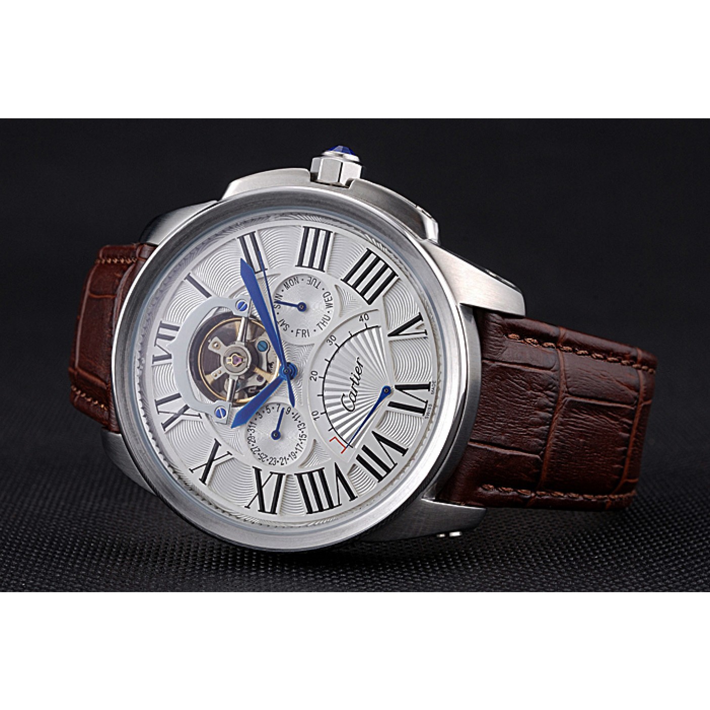 MiroTime Cartier Calibre Tourbillon White Dial Stainless Steel Case Brown Leather Strap 622750