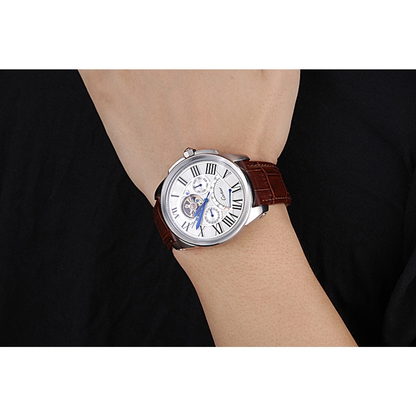 MiroTime Cartier Calibre Tourbillon White Dial Stainless Steel Case Brown Leather Strap 622750